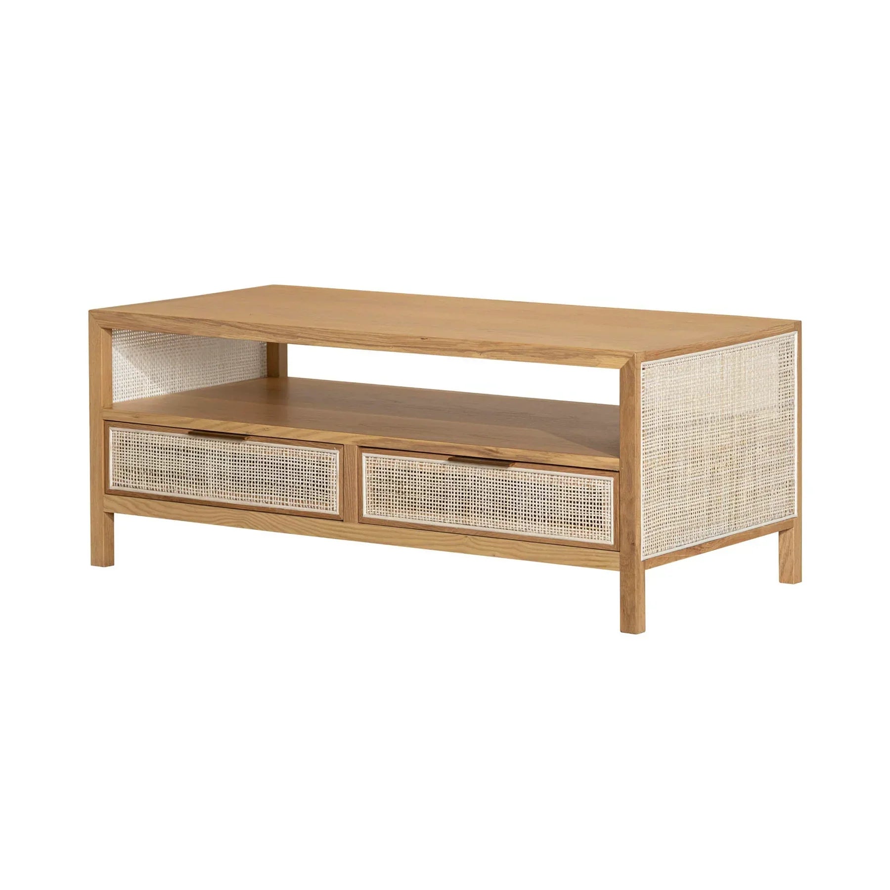 Perspective shot showcasing the light oak finish and the wrap-around woven rattan panels on the side of the table