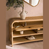 View of the sideboard with the top rattan door dropped open to reveal internal storage space and concealed hinges
