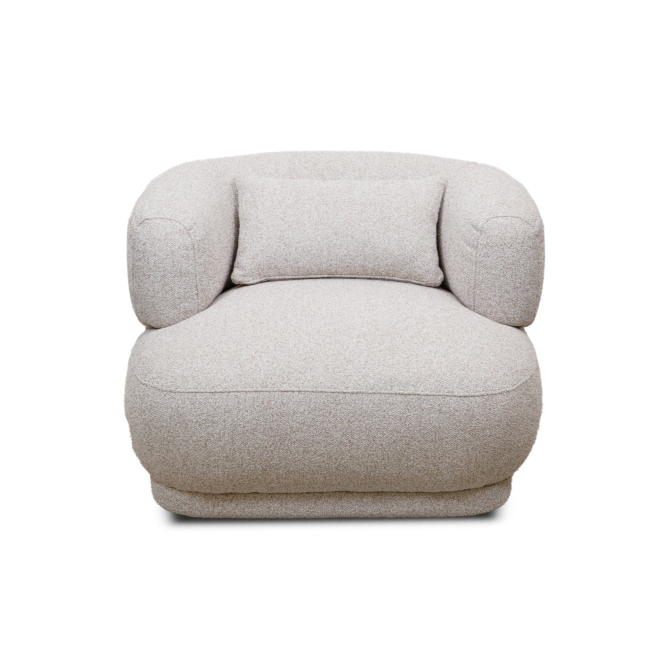 Front view of the Raven Accent Chair in natural white bouclé with a curved silhouette and light wood rocking base