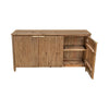 Perspective view with one cabinet door open revealing a spacious natural wood interior with a full-length storage shelf