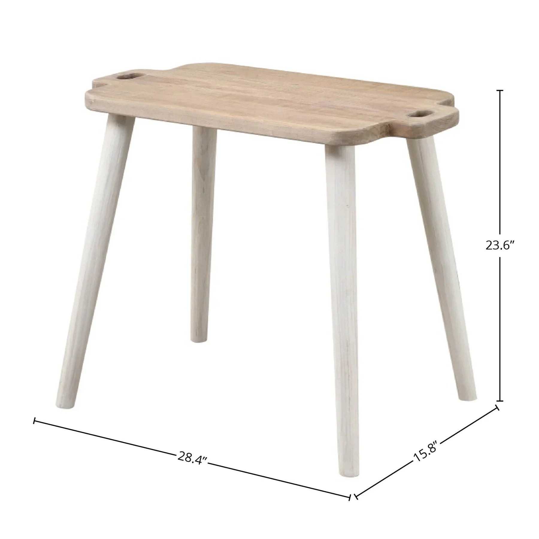 Front perspective view of the Juliet side table featuring a rectangular tray-style top and tapered white-washed legs
