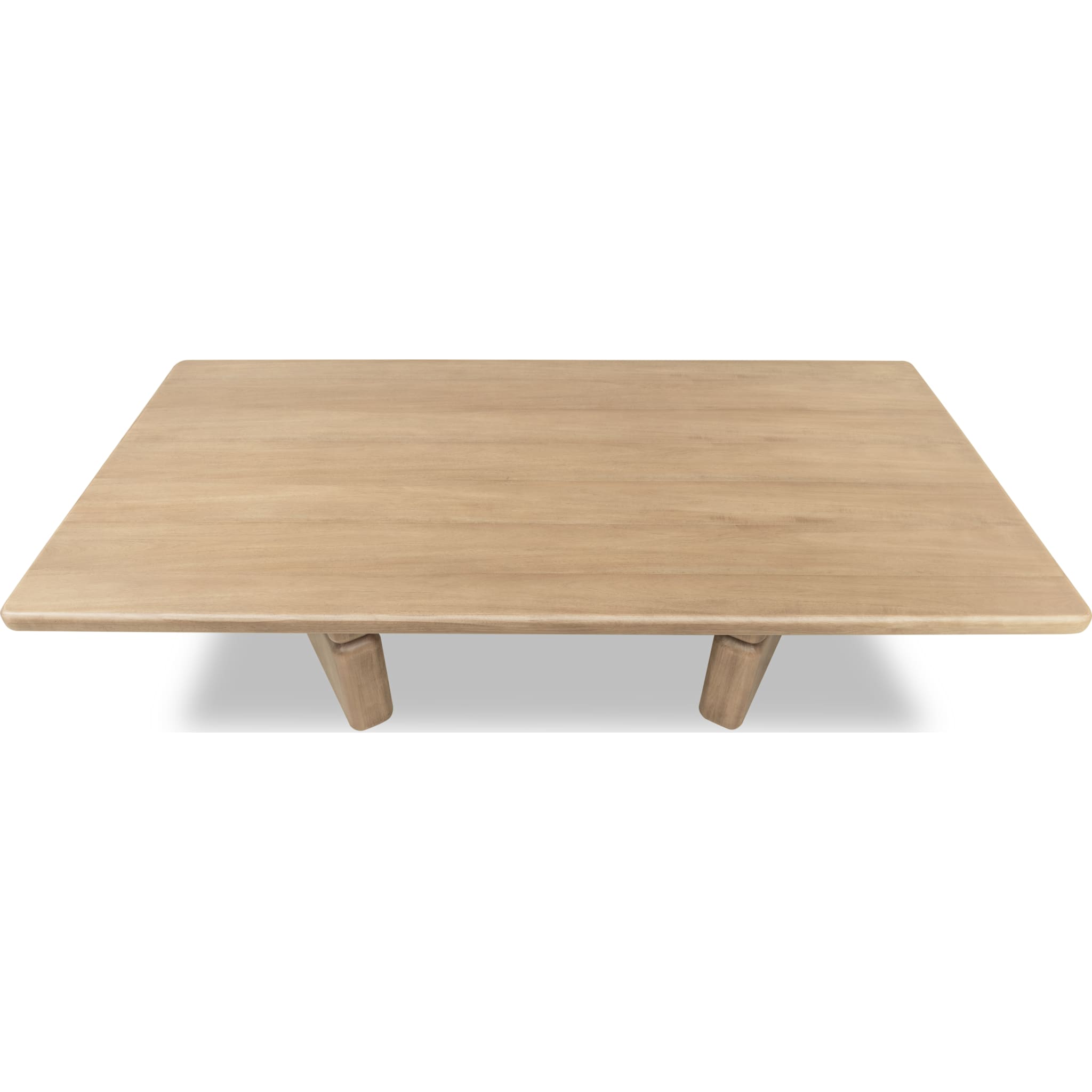 Front view of the Nelly rectangular dining table in a Lioness finish featuring a thick acacia wood top and chunky double pedestal legs