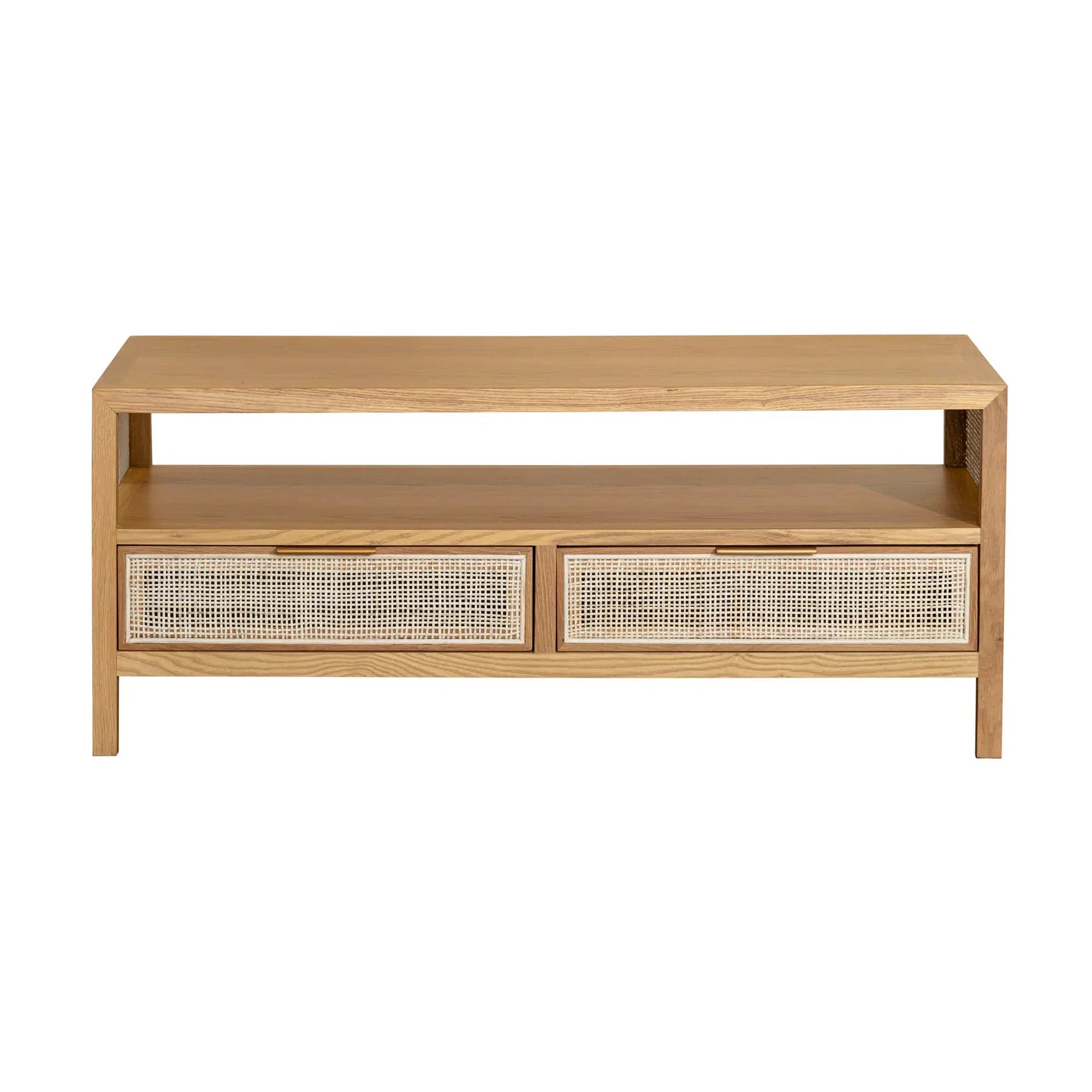Perspective shot showcasing the light oak finish and the wrap-around woven rattan panels on the side of the table