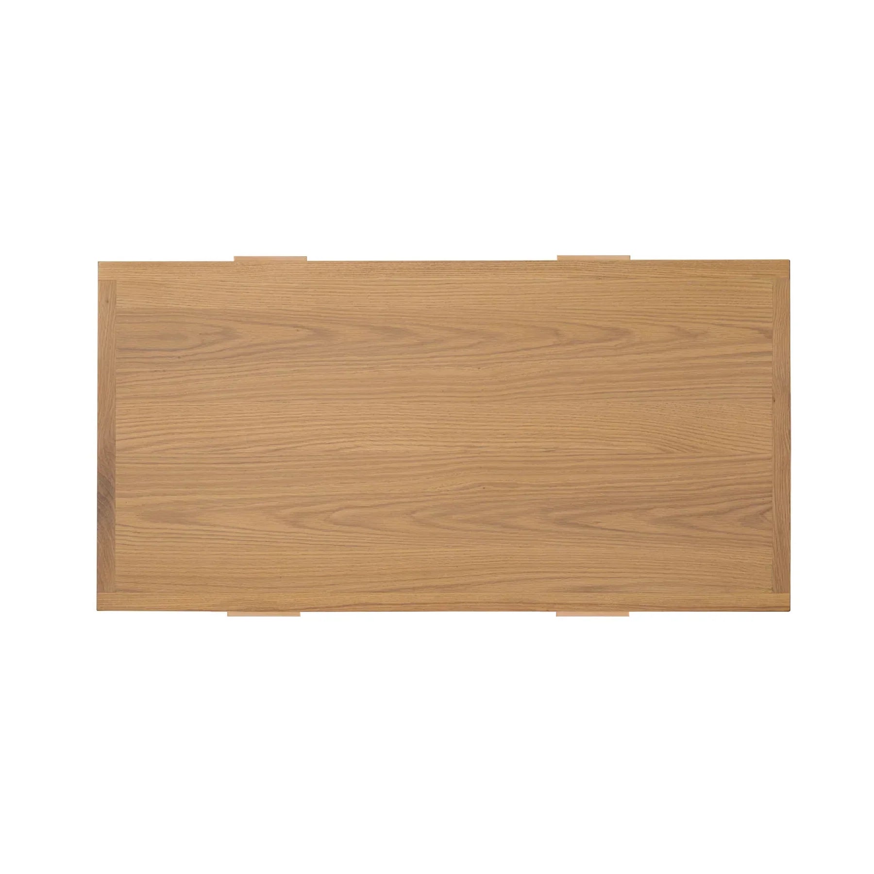 Perspective shot showcasing the light oak finish and the wrap-around woven rattan panels on the side of the table