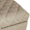 Macro shot focusing on the plush diamond-tufted stitching and textured weave of the tan fabric lid