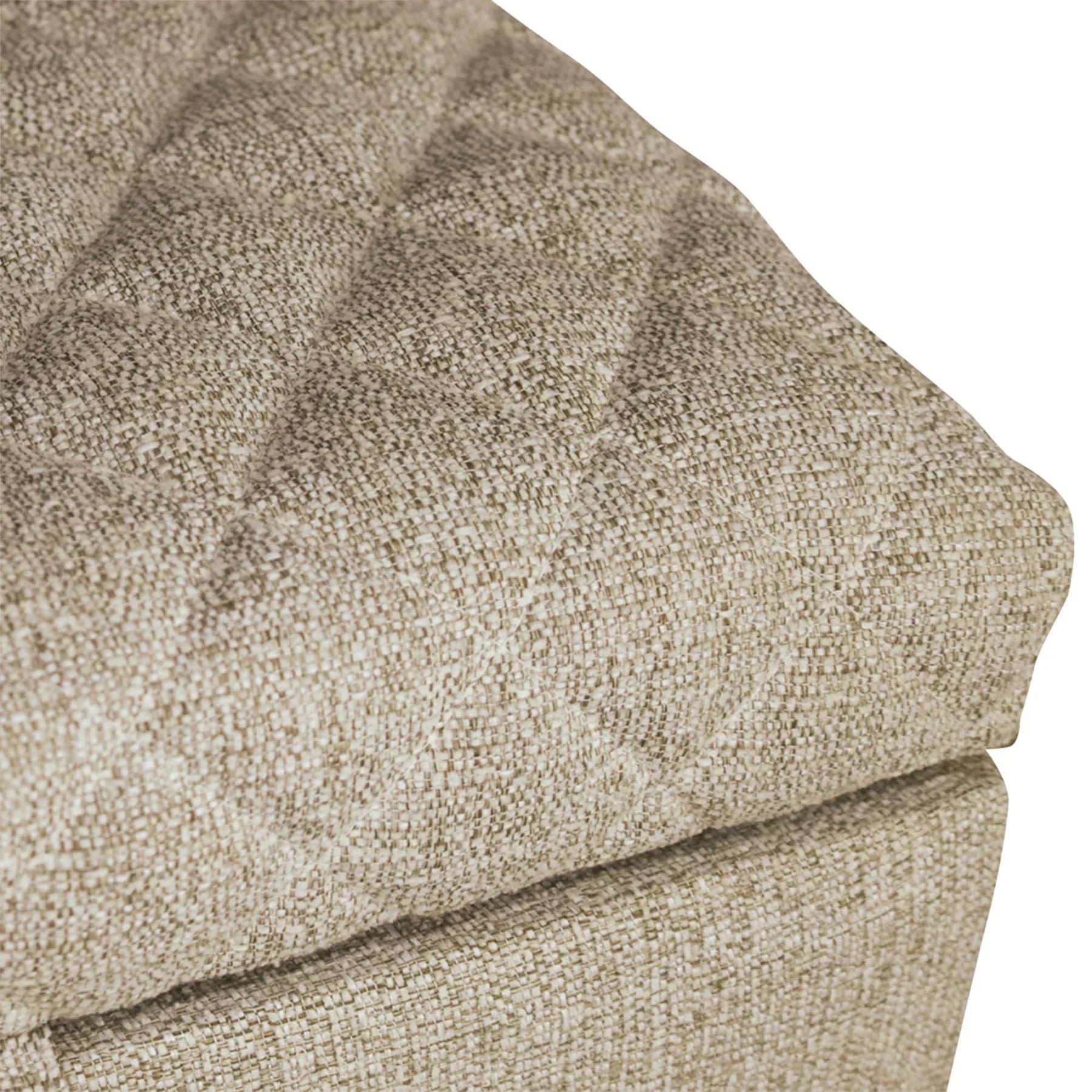 Front view of the Reece storage bench featuring a long rectangular silhouette and diamond-quilted tan fabric lid