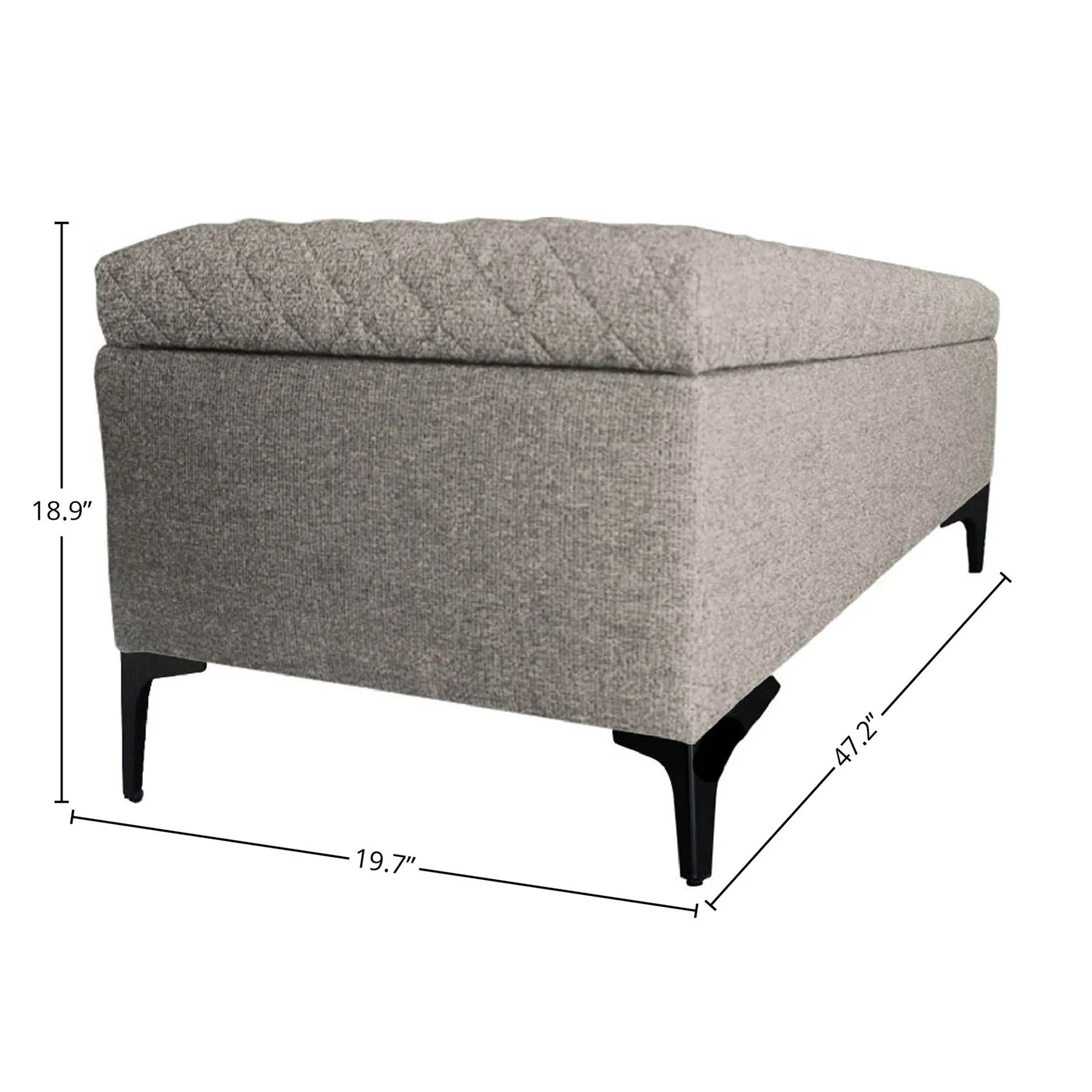 Front view of the Reece storage bench featuring a long rectangular silhouette and diamond-quilted tan fabric lid