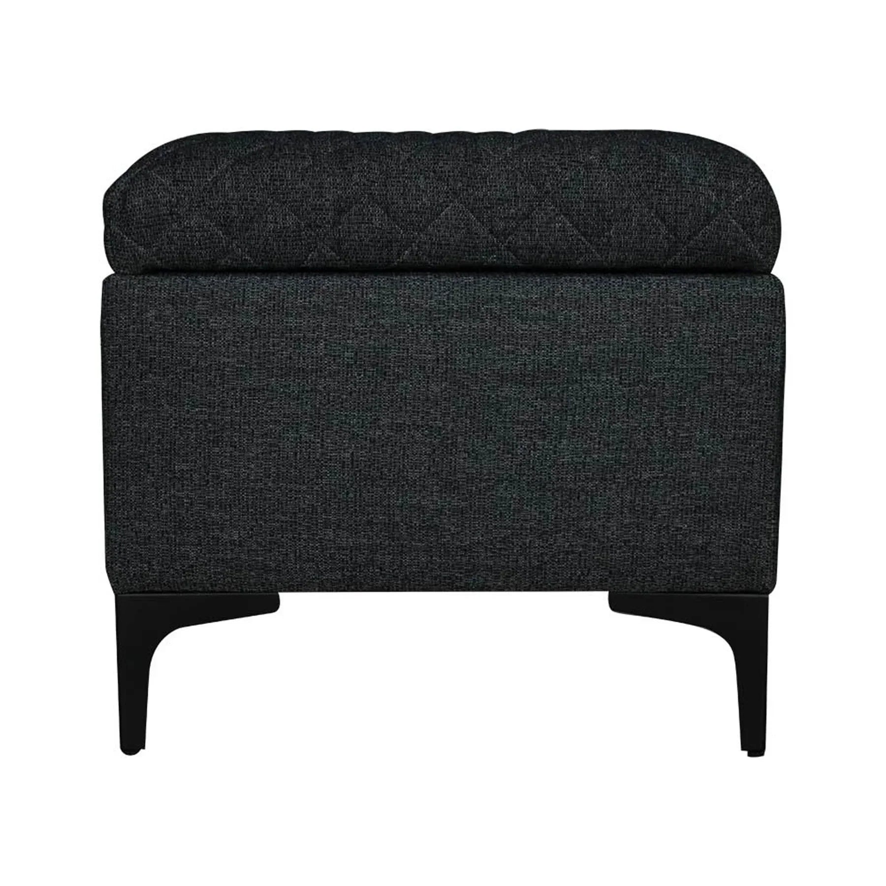 Front three-quarter view of the Reece square storage ottoman in black fabric featuring a diamond-quilted tufted lid