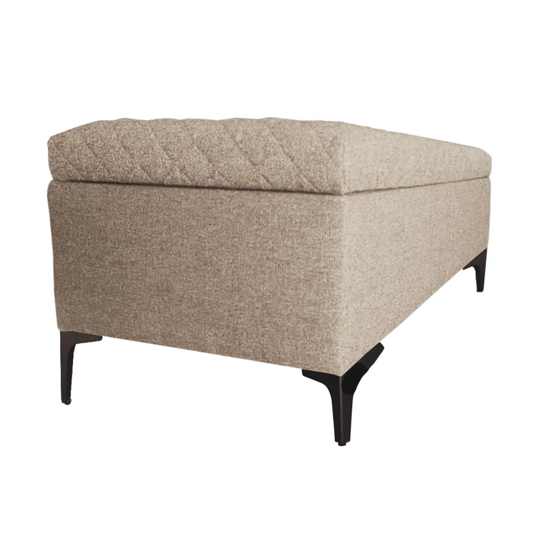 Front view of the Reece storage bench featuring a long rectangular silhouette and diamond-quilted tan fabric lid
