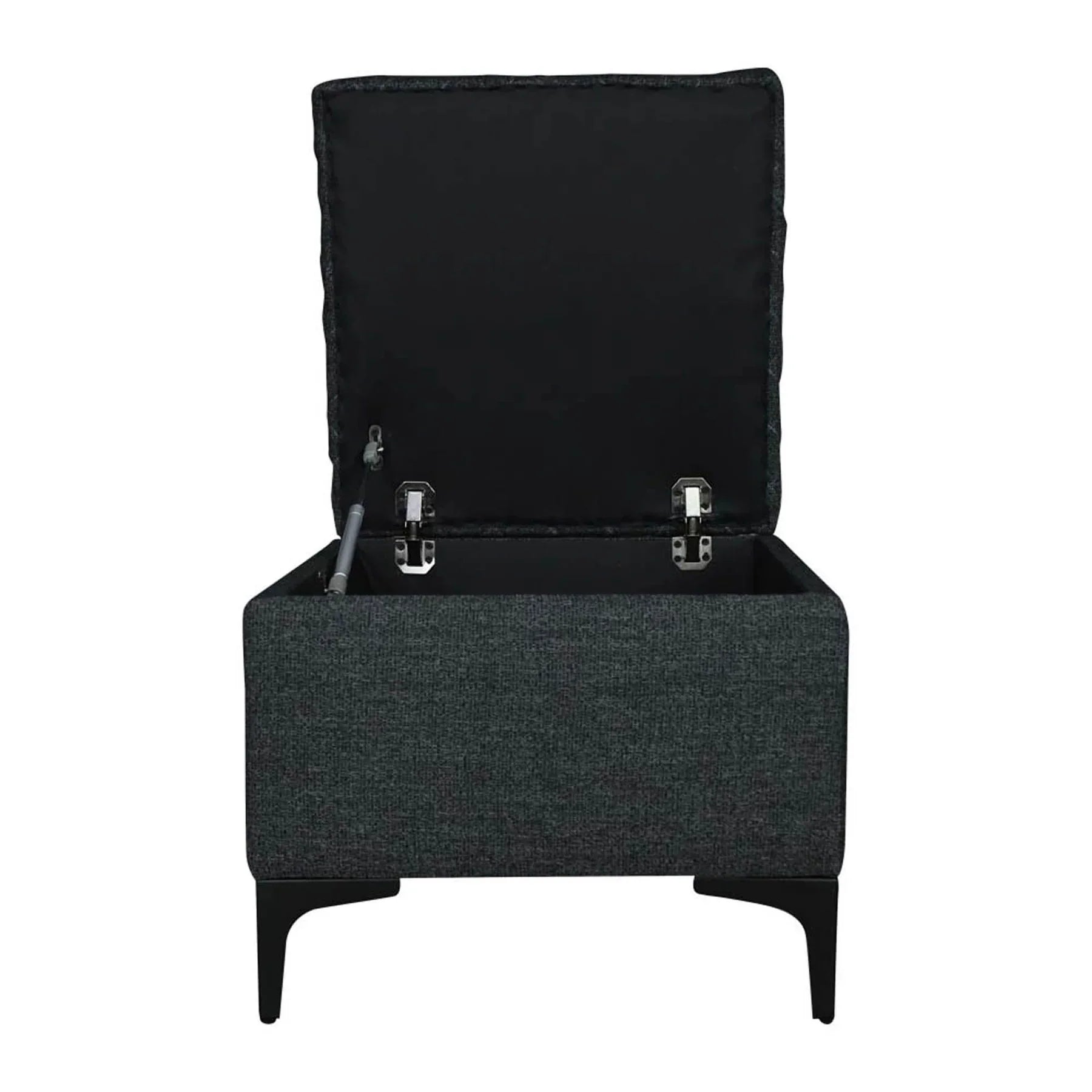Front three-quarter view of the Reece square storage ottoman in black fabric featuring a diamond-quilted tufted lid