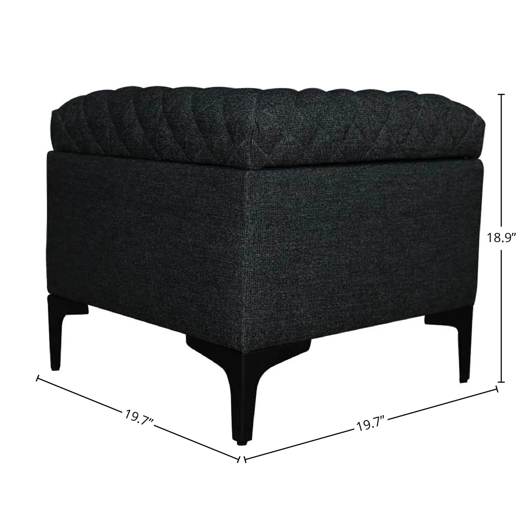 Front three-quarter view of the Reece square storage ottoman in black fabric featuring a diamond-quilted tufted lid