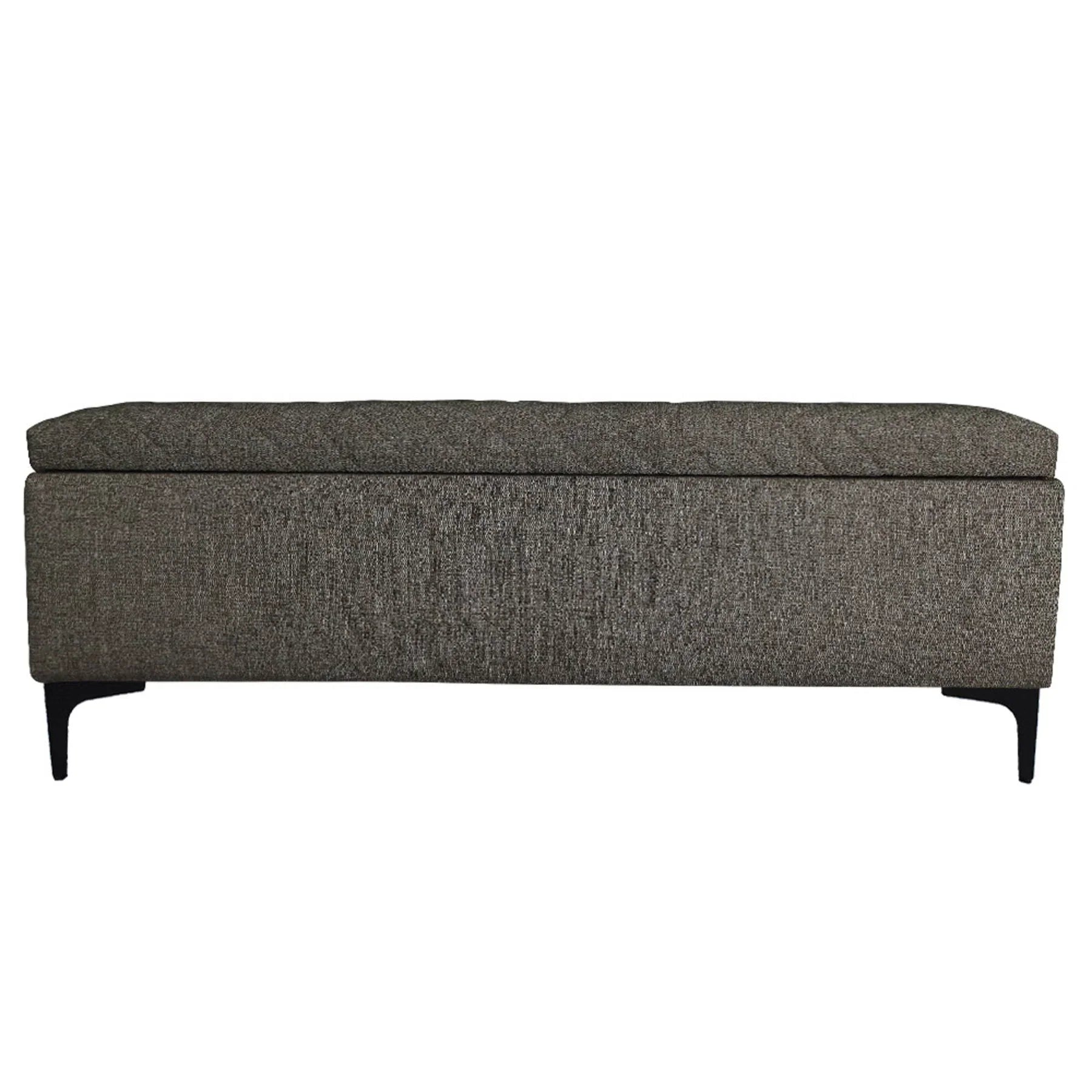 Front view of the Reece storage bench featuring a long rectangular silhouette and diamond-quilted tan fabric lid