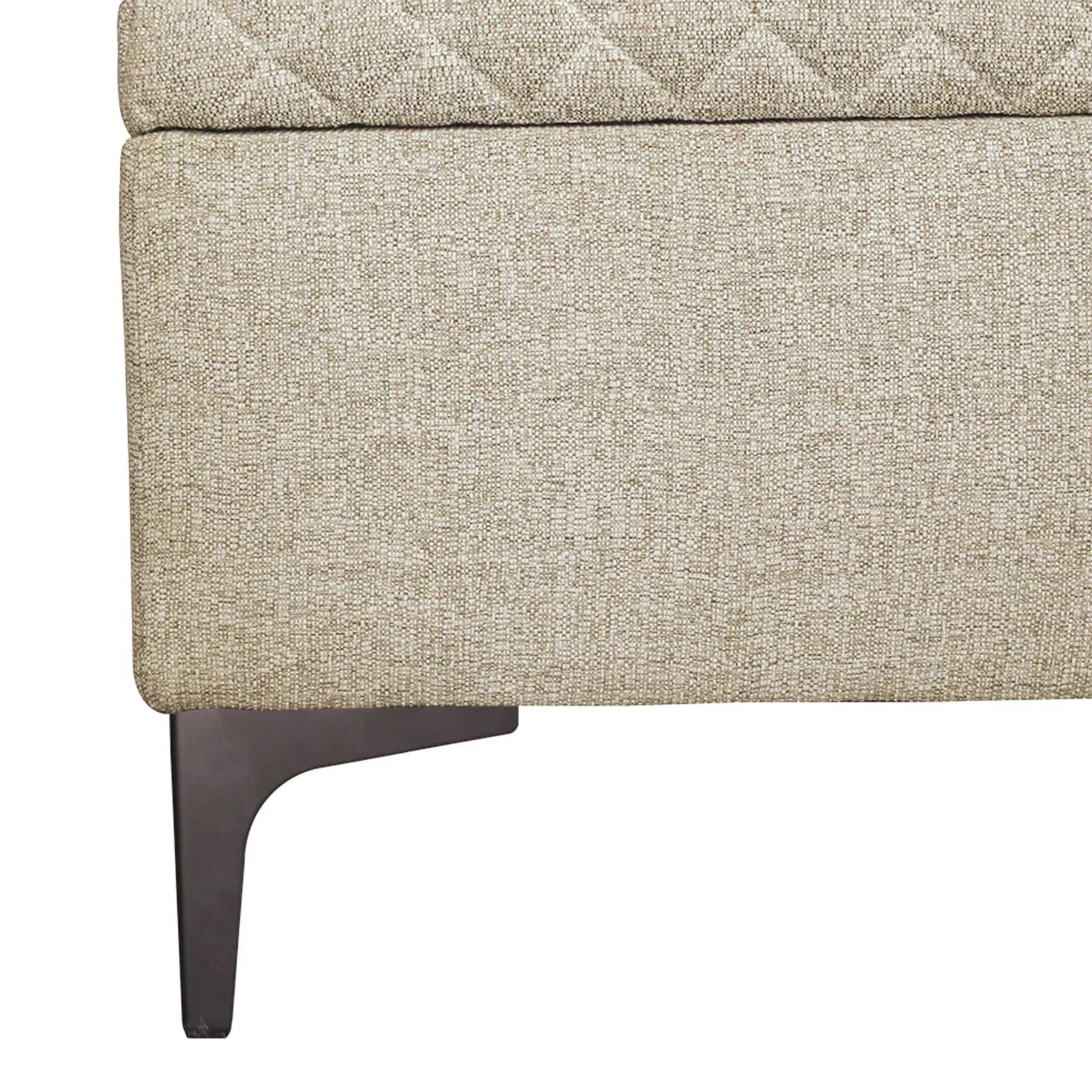 Front view of the Reece storage bench featuring a long rectangular silhouette and diamond-quilted tan fabric lid