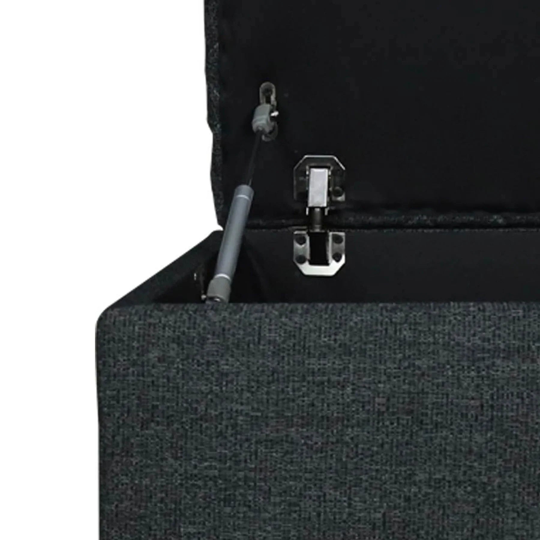 Front three-quarter view of the Reece square storage ottoman in black fabric featuring a diamond-quilted tufted lid