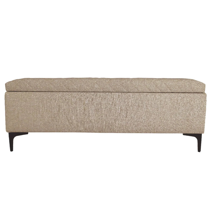 Front view of the Reece storage bench featuring a long rectangular silhouette and diamond-quilted tan fabric lid