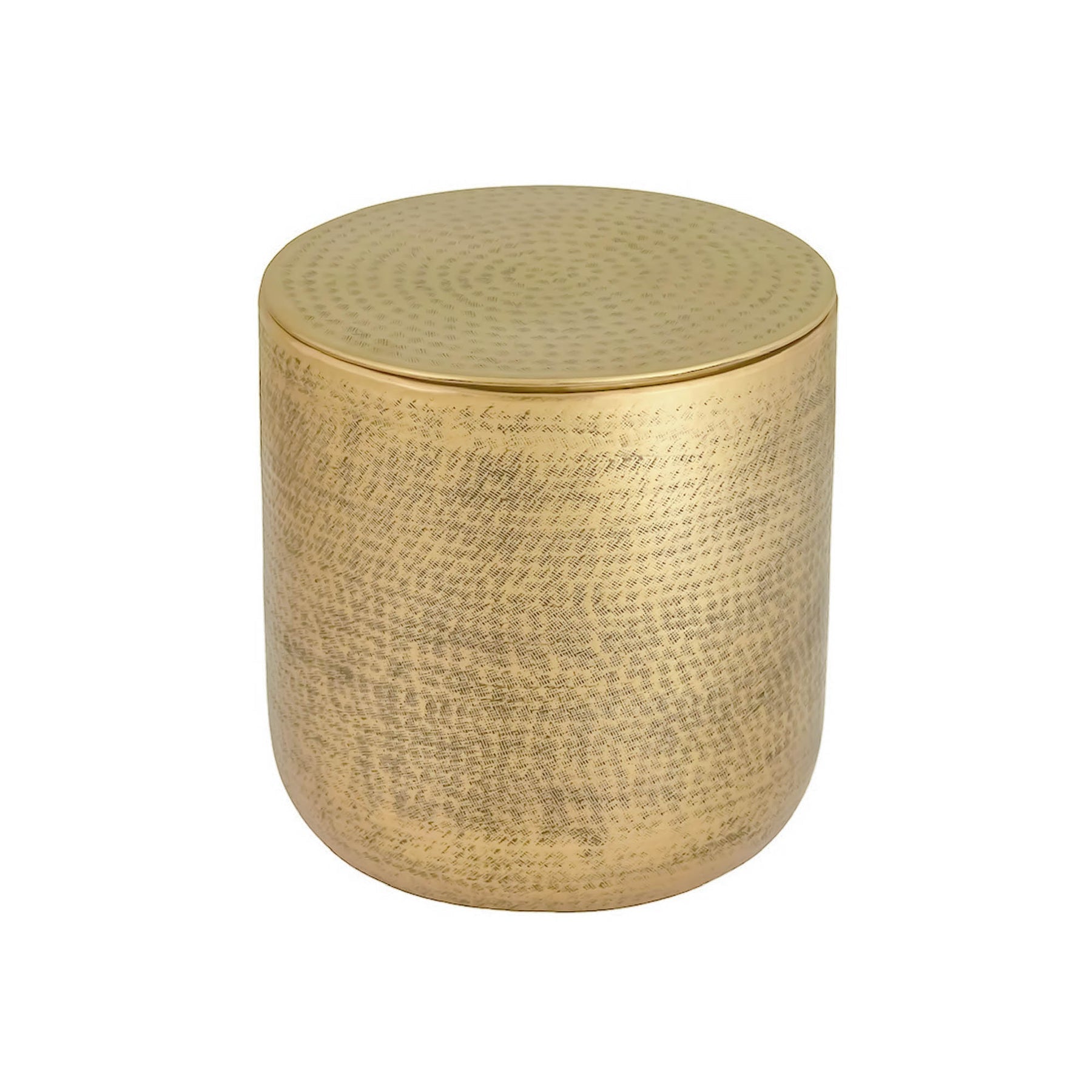 Regal storage side table in brushed gold with hammered metal texture and lid
