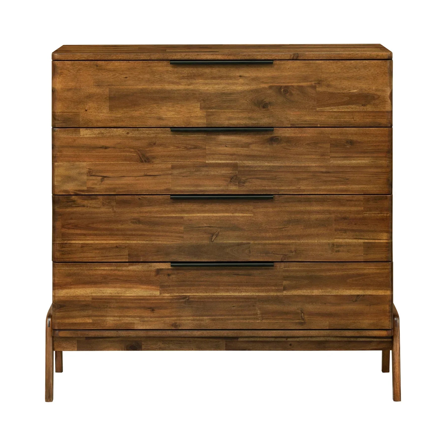 Front view of the Remix 4-drawer vertical chest featuring a warm natural wood finish with horizontal planked detailing and slim black metal bar handles