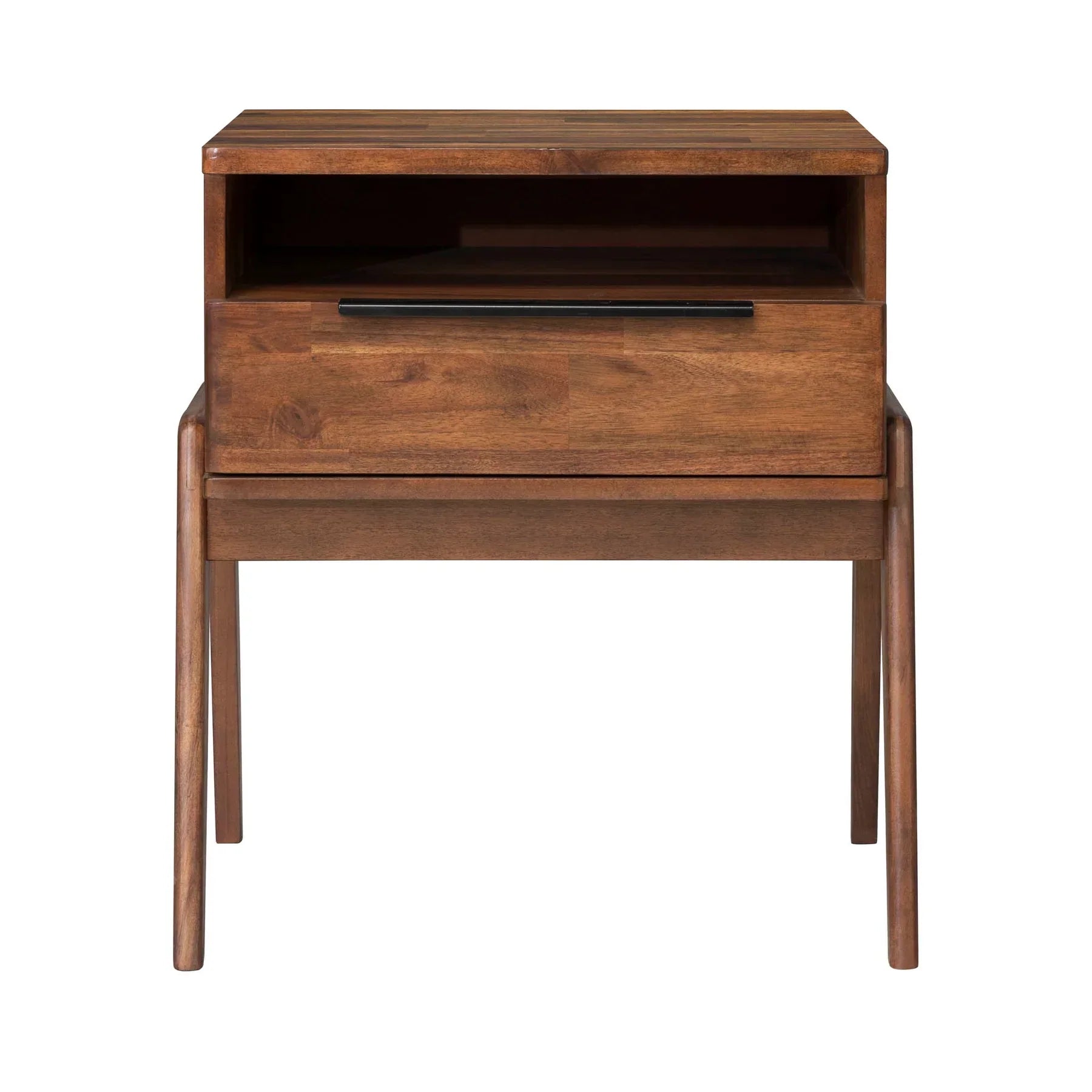 Front view of the Remix nightstand featuring a rich walnut finish, a single drawer with a slim black handle, and an open upper storage shelf