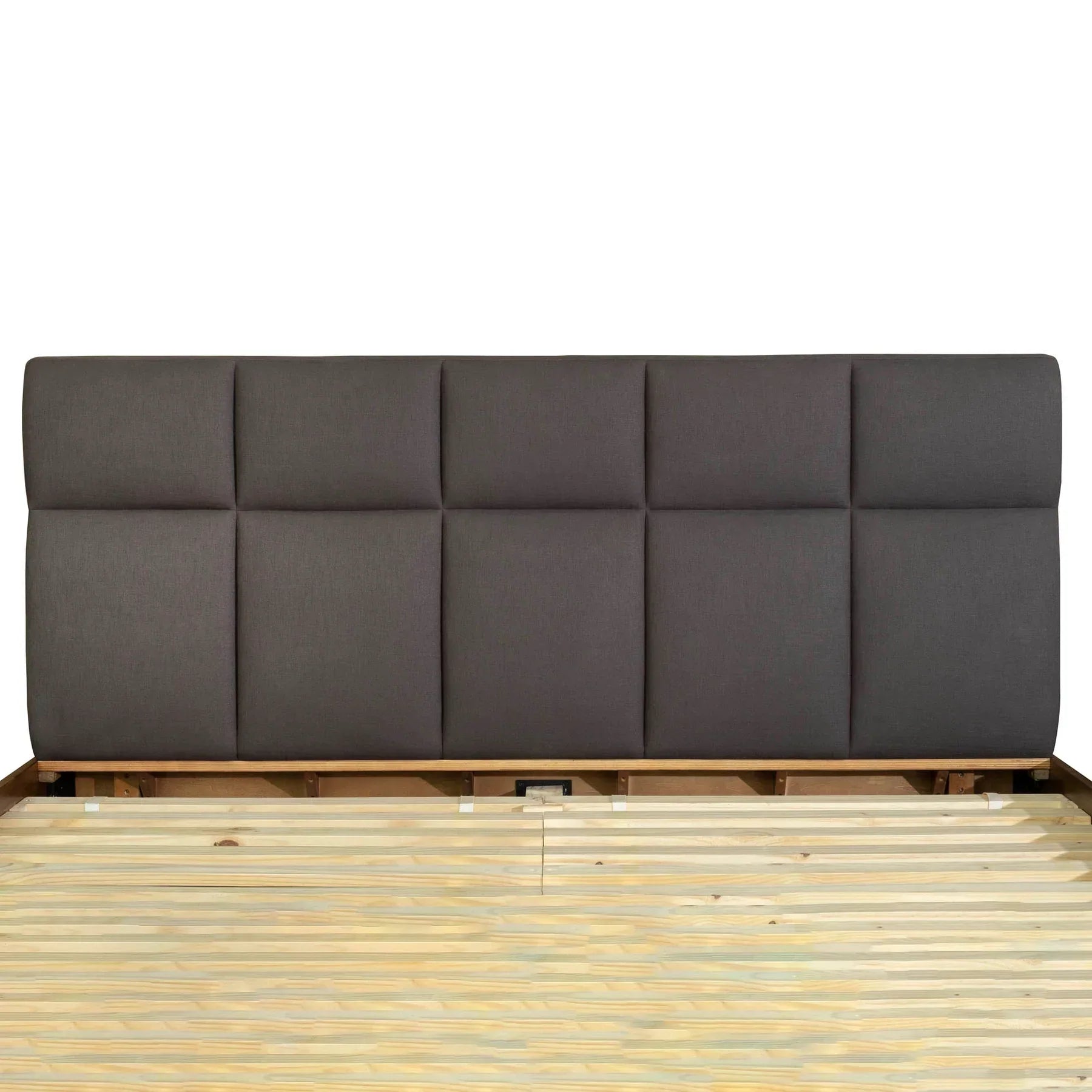 Rear view showing the clean finish of the upholstered headboard and the sturdy solid wood support beams