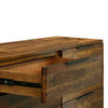 Close-up perspective of an open drawer highlighting the durable black metal side glides and the planked wood drawer front