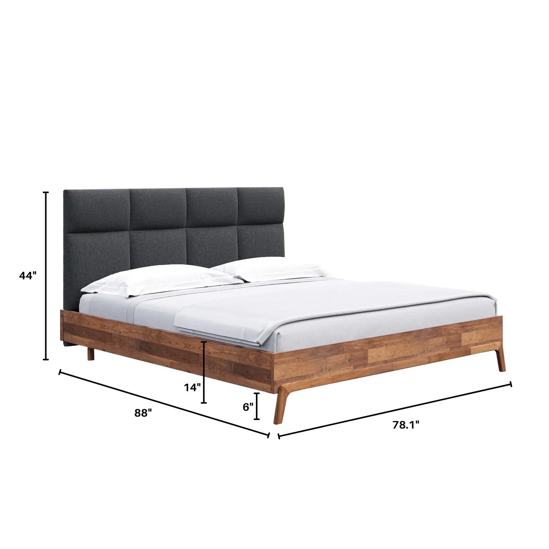 Perspective line drawing of the king-size Remix bed frame indicating the 80 inch width and 45 inch headboard height