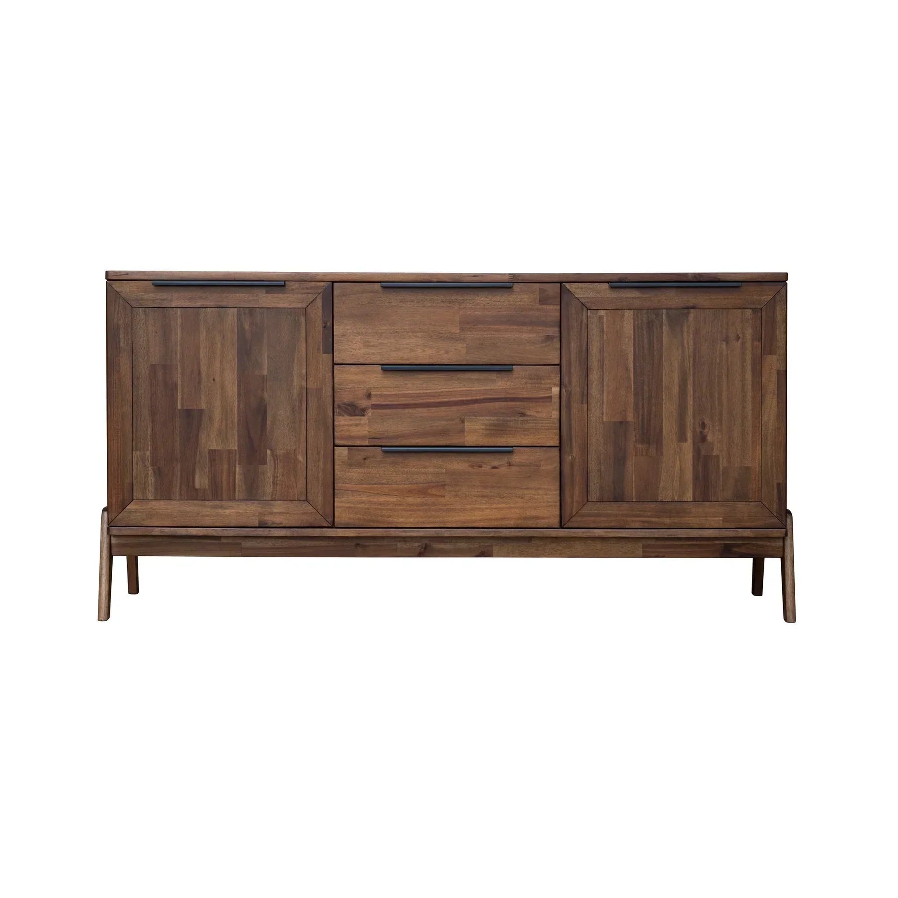 Front view of the Remix sideboard featuring a warm acacia wood finish with a 3-drawer central unit and two side cabinets