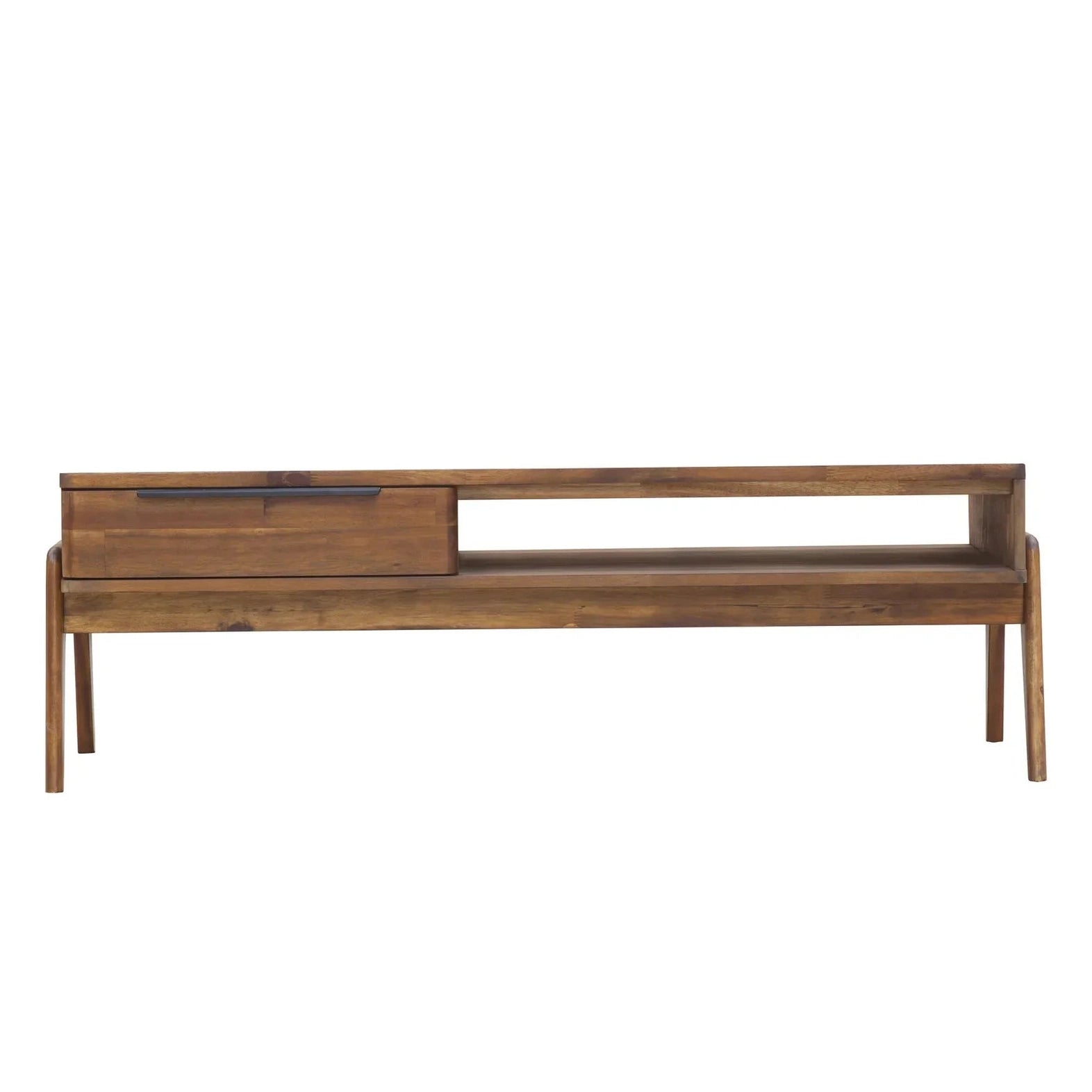 Front view of the Remix coffee table in a rich acacia wood finish featuring a slim profile and tapered legs
