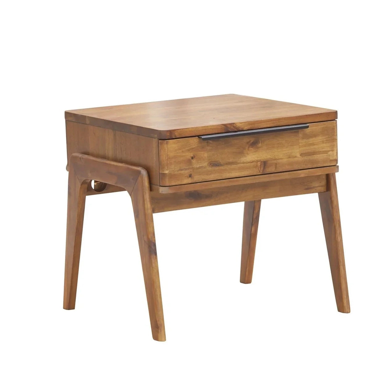 Three-quarter view of the Remix side table featuring a warm acacia wood finish with a single drawer and tapered flared legs