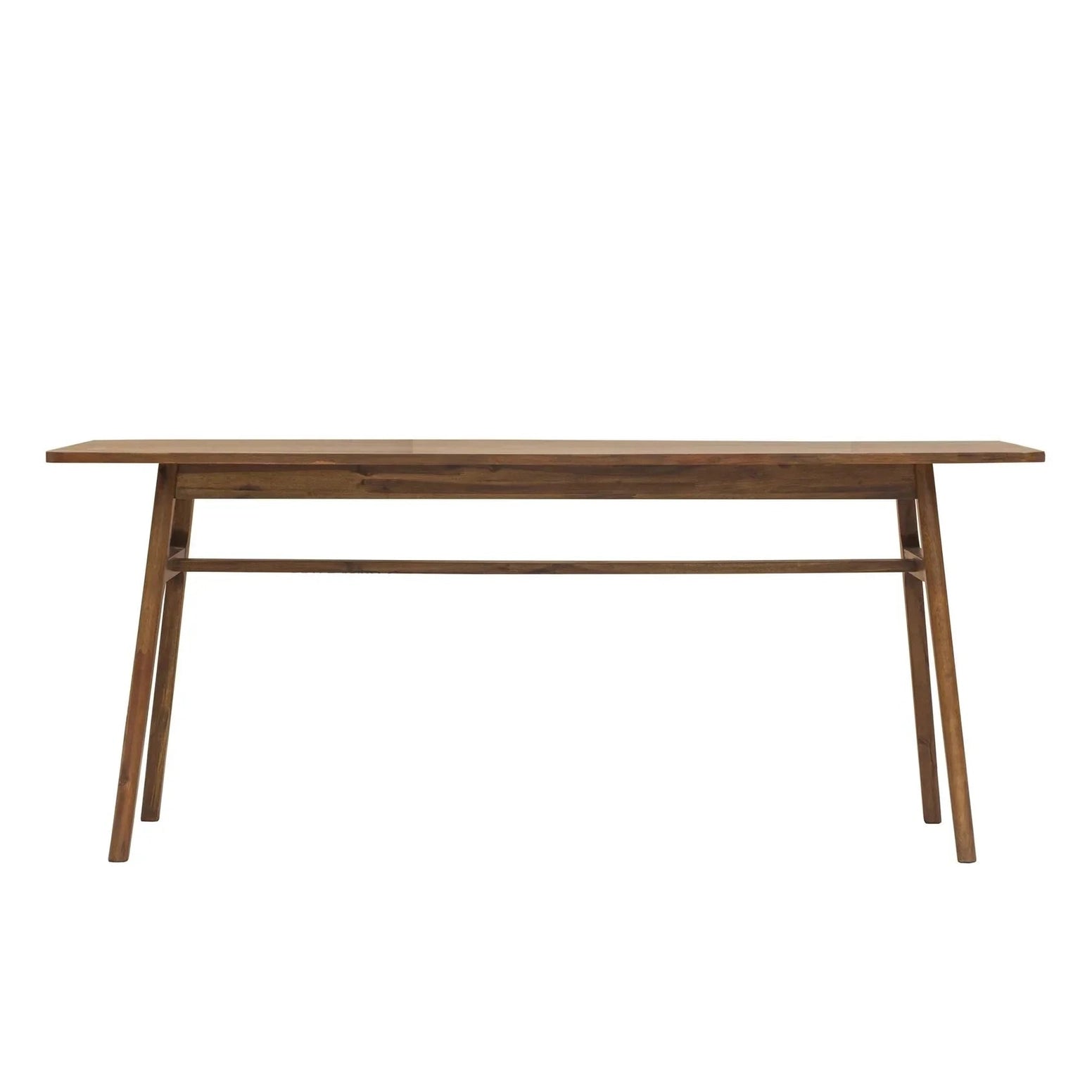 Front view of the Remix dining table in a rich walnut-toned acacia wood featuring a minimalist rectangular top and flared tapered legs