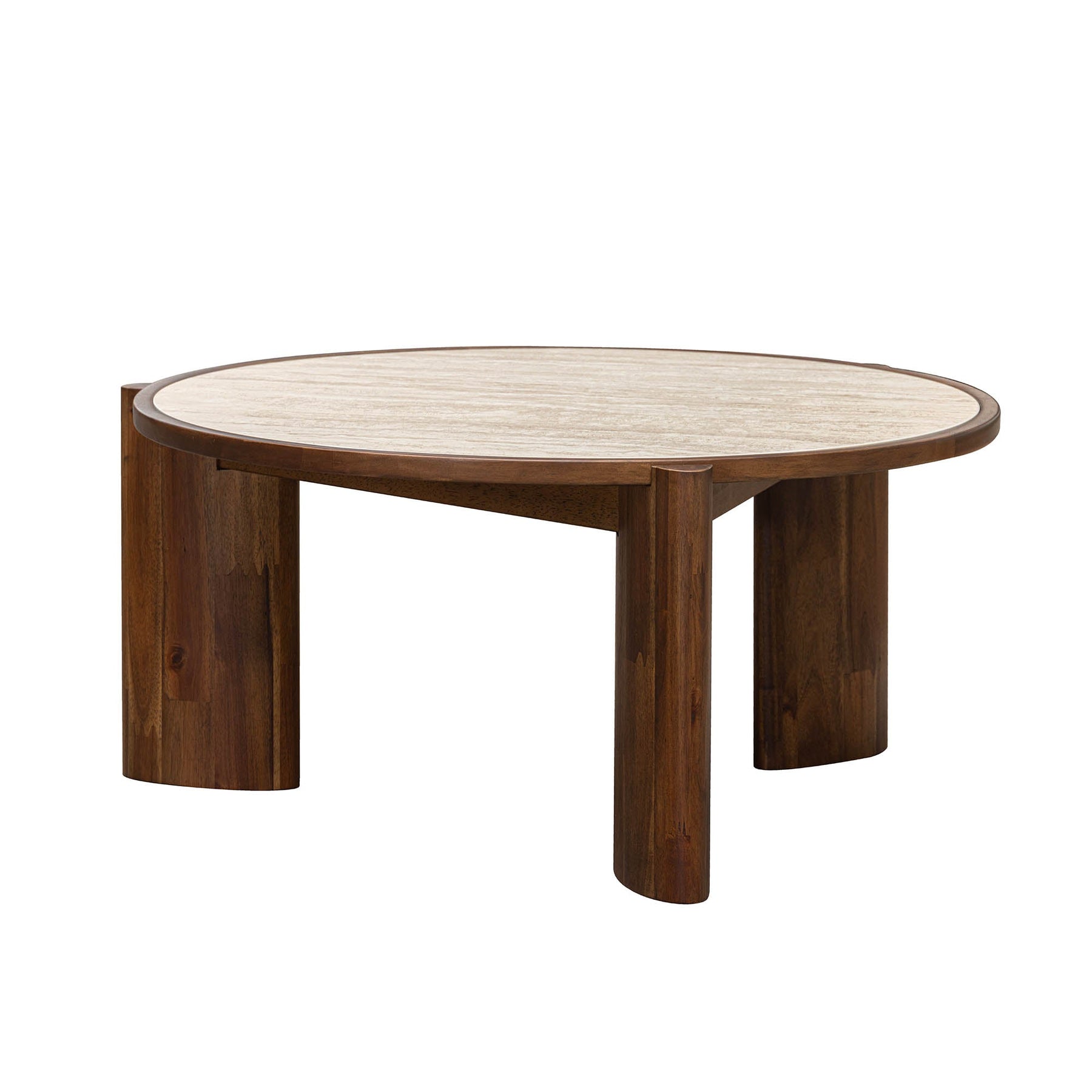 Three-quarter perspective highlighting the substantial stone surface and the organic curved profile of the dark wood legs
