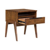 Side-angle view with the drawer open showcasing the smooth black metal glides and spacious internal storage