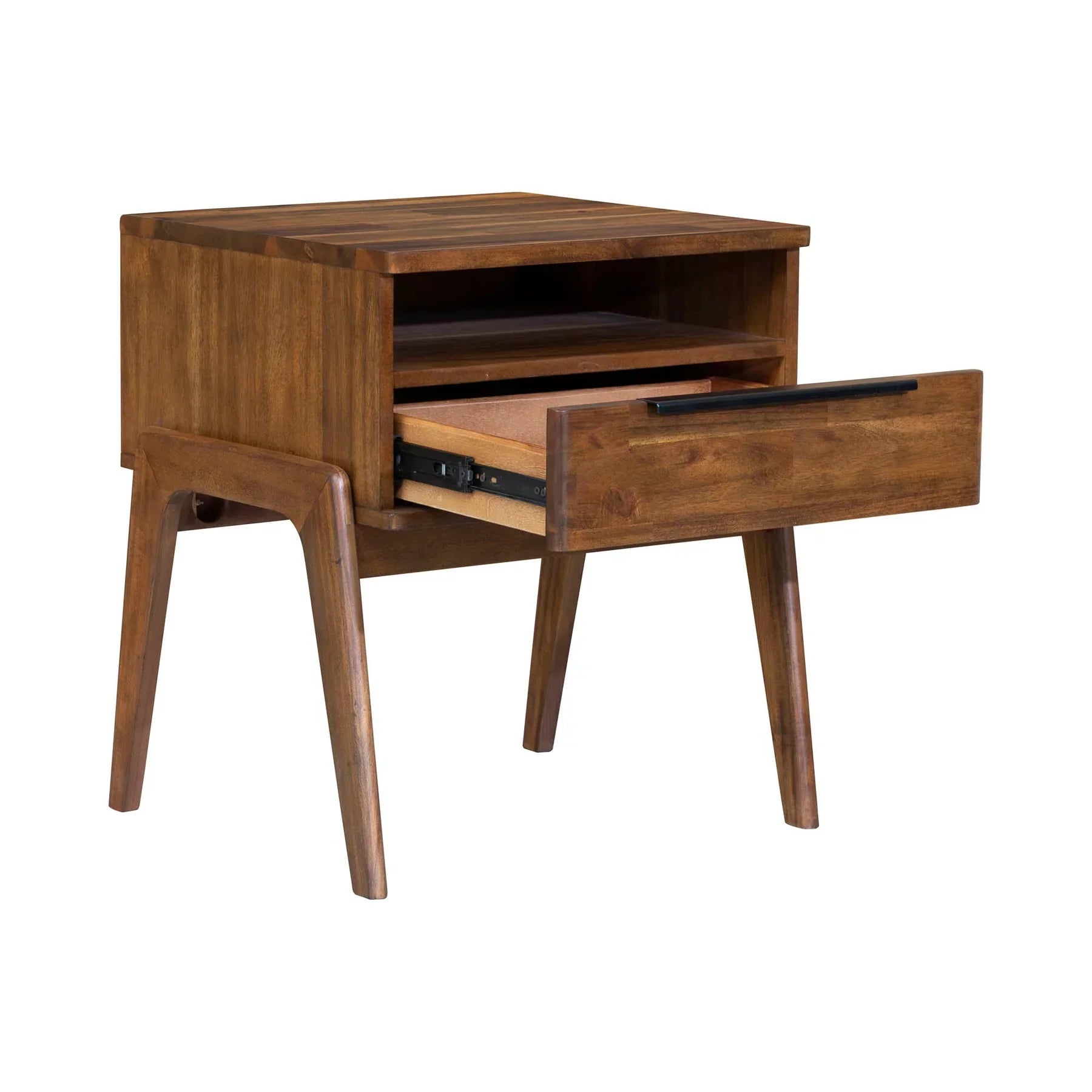 Front view of the Remix nightstand featuring a rich walnut finish, a single drawer with a slim black handle, and an open upper storage shelf