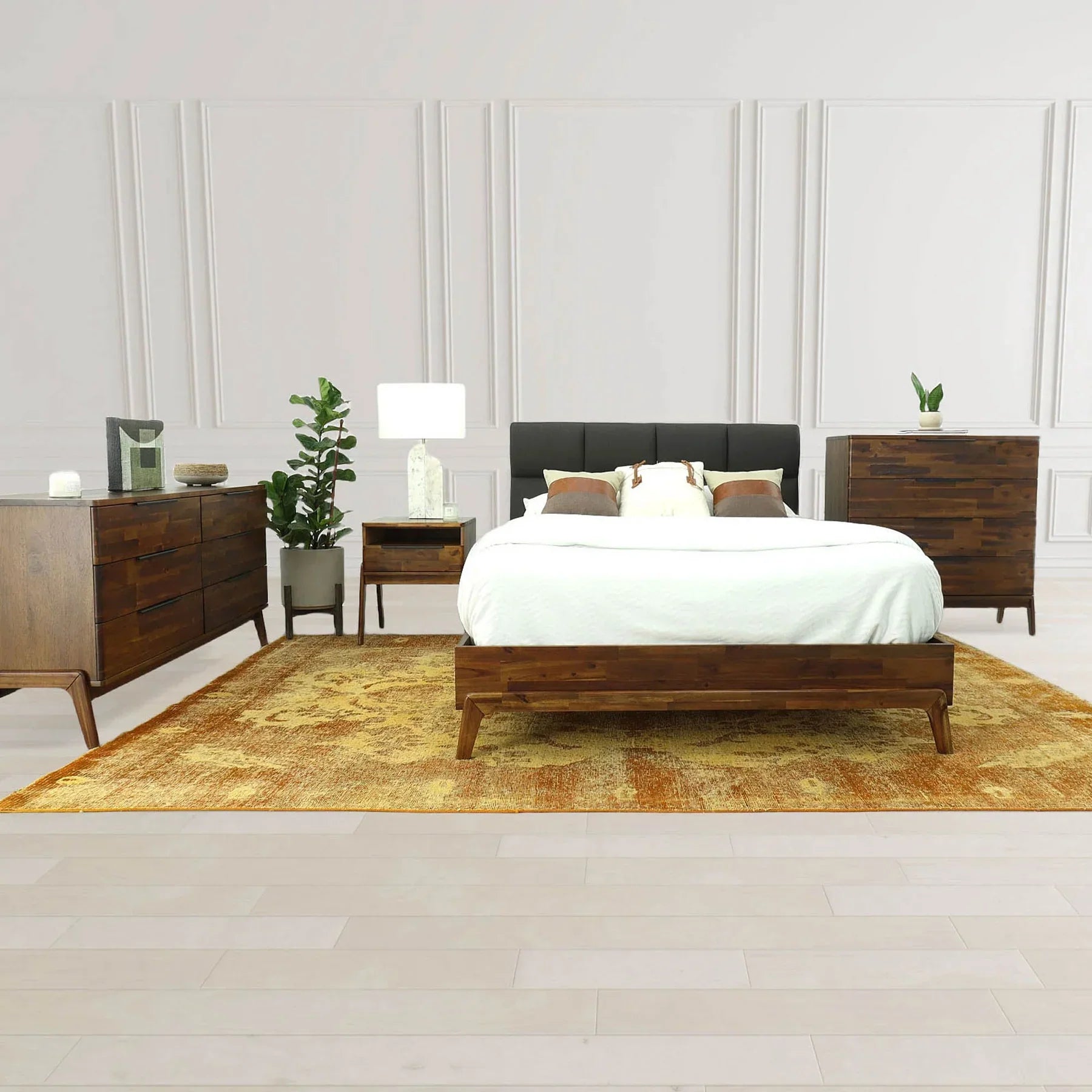 Front view of the Remix nightstand featuring a rich walnut finish, a single drawer with a slim black handle, and an open upper storage shelf