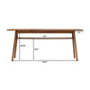 Technical line drawing overlay providing length, width, and height specifications for the solid wood dining table