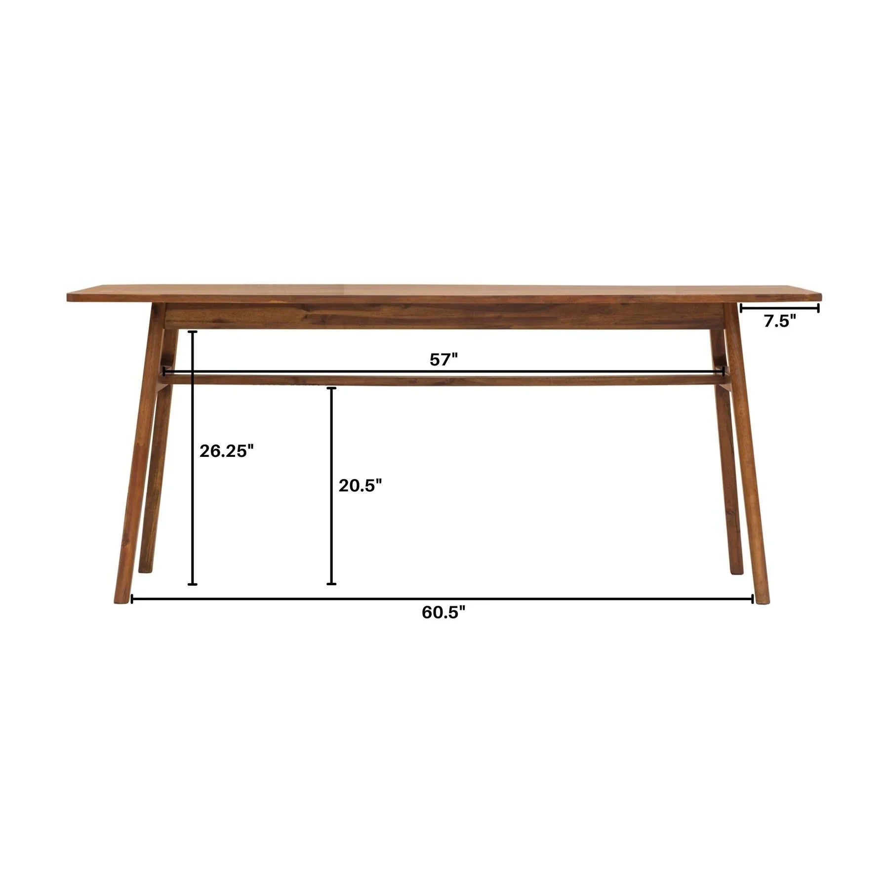 Front view of the Remix dining table in a rich walnut-toned acacia wood featuring a minimalist rectangular top and flared tapered legs