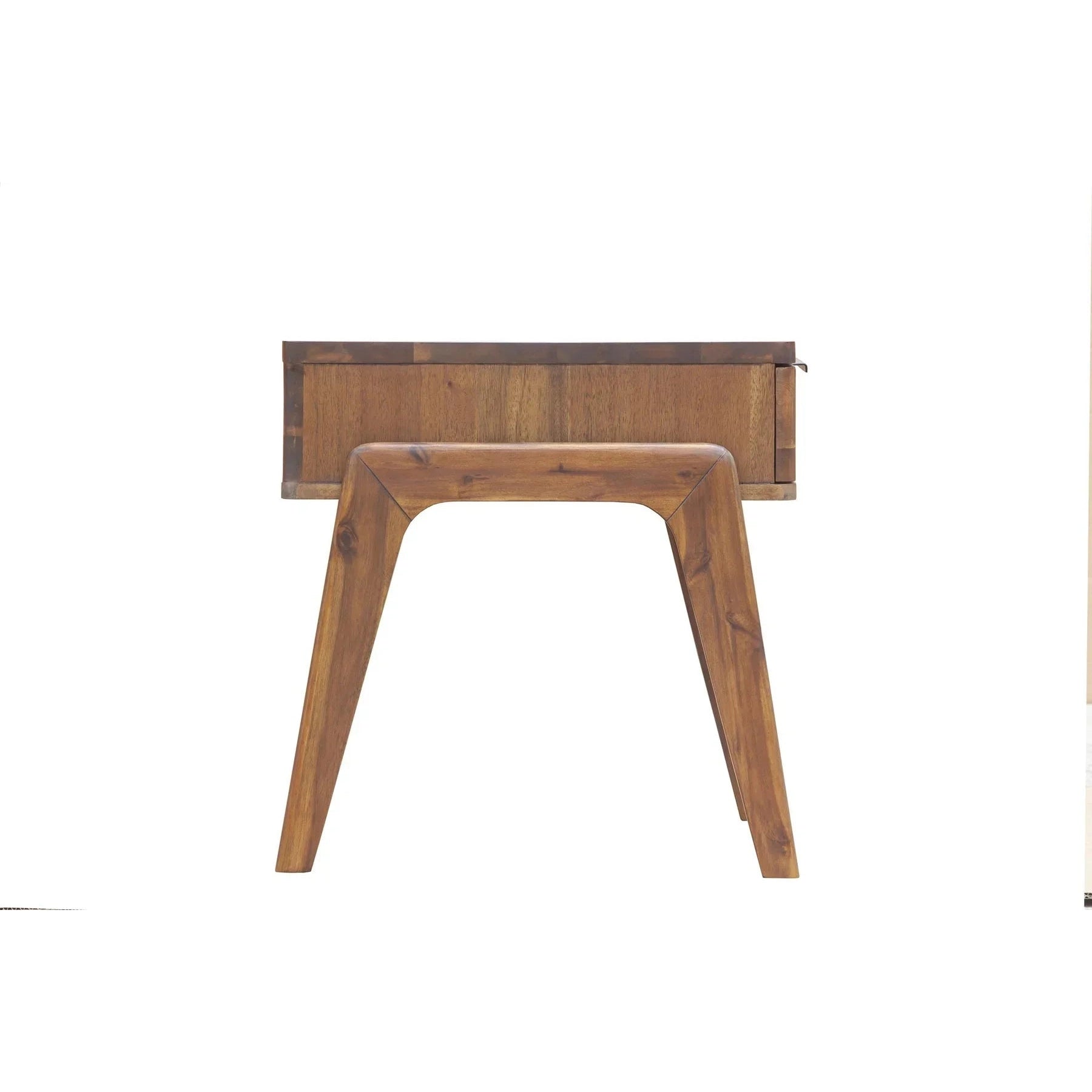 Side profile view emphasizing the clean lines of the drawer unit and the elegant angle of the tapered wooden legs
