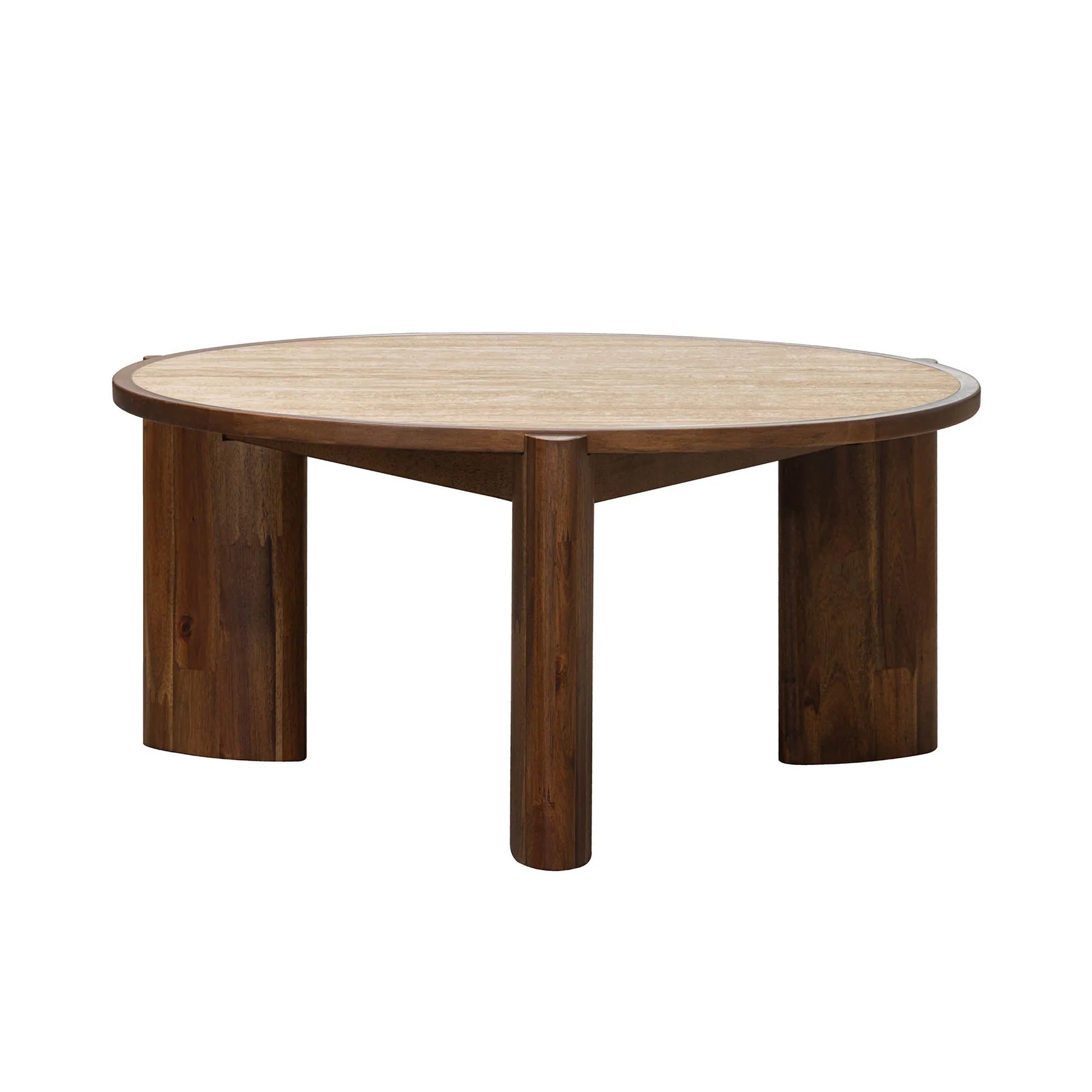 Front view of the Remix coffee table featuring a thick circular travertine top and three sculptural dark wood pedestal legs