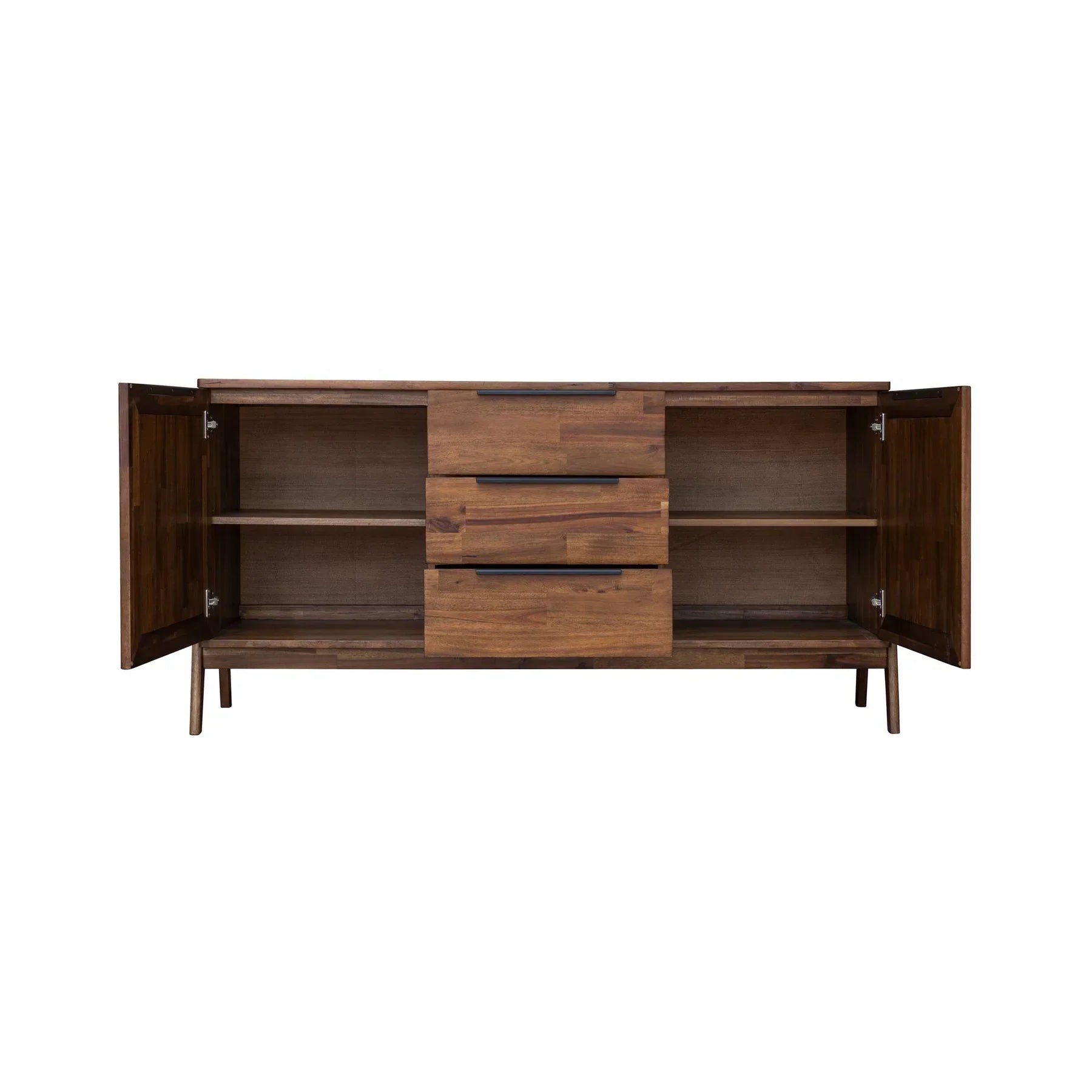Front view of the Remix sideboard featuring a warm acacia wood finish with a 3-drawer central unit and two side cabinets