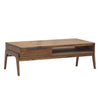 Three-quarter perspective highlighting the integrated drawer and open cubby storage of the acacia coffee table