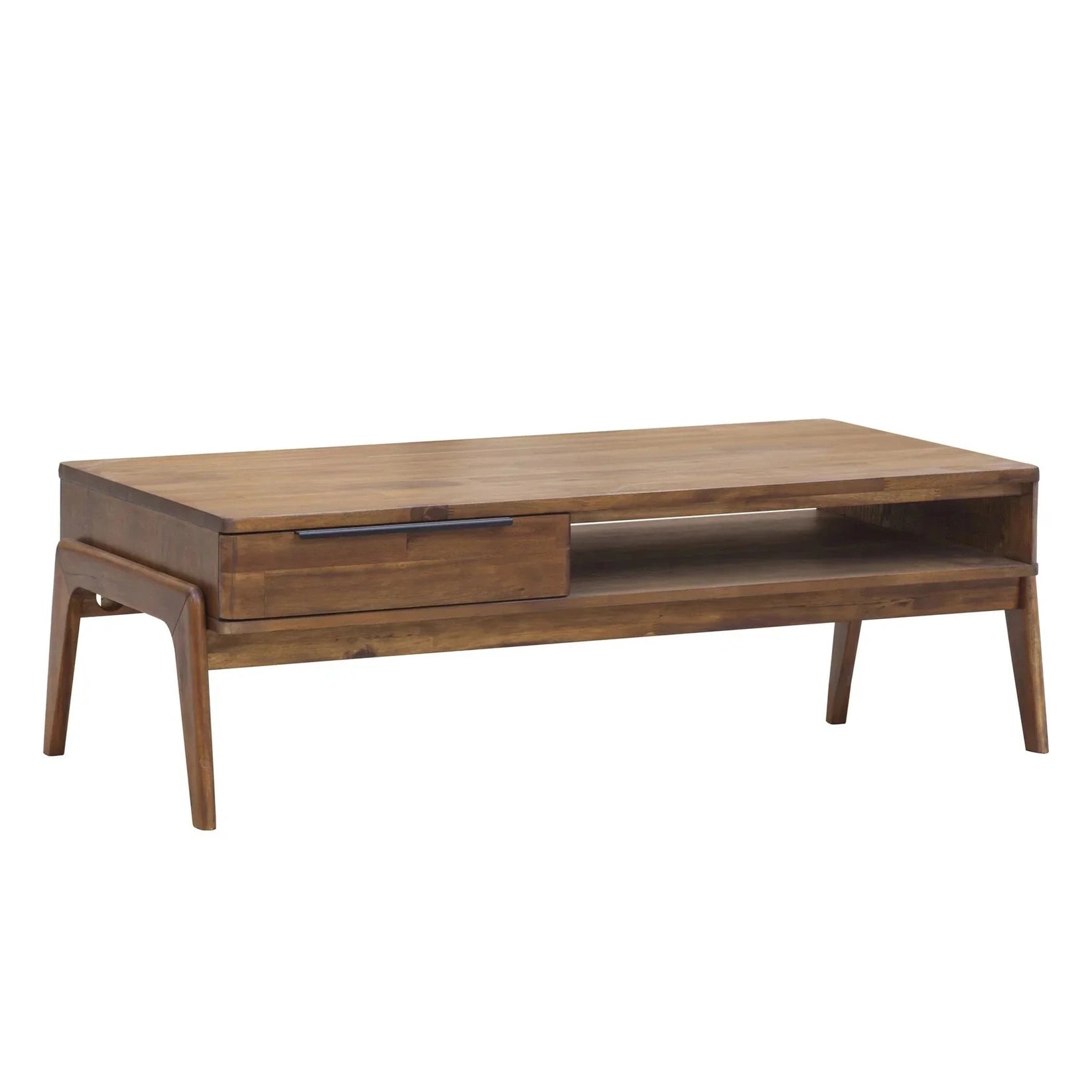 Three-quarter perspective highlighting the integrated drawer and open cubby storage of the acacia coffee table