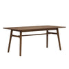 Three-quarter perspective view showcasing the slim tabletop profile and stable architectural leg design