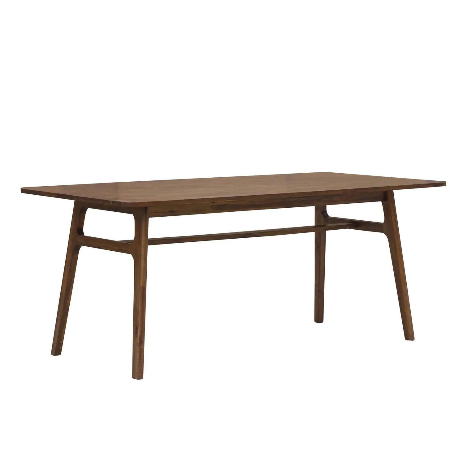 Front view of the Remix dining table in a rich walnut-toned acacia wood featuring a minimalist rectangular top and flared tapered legs