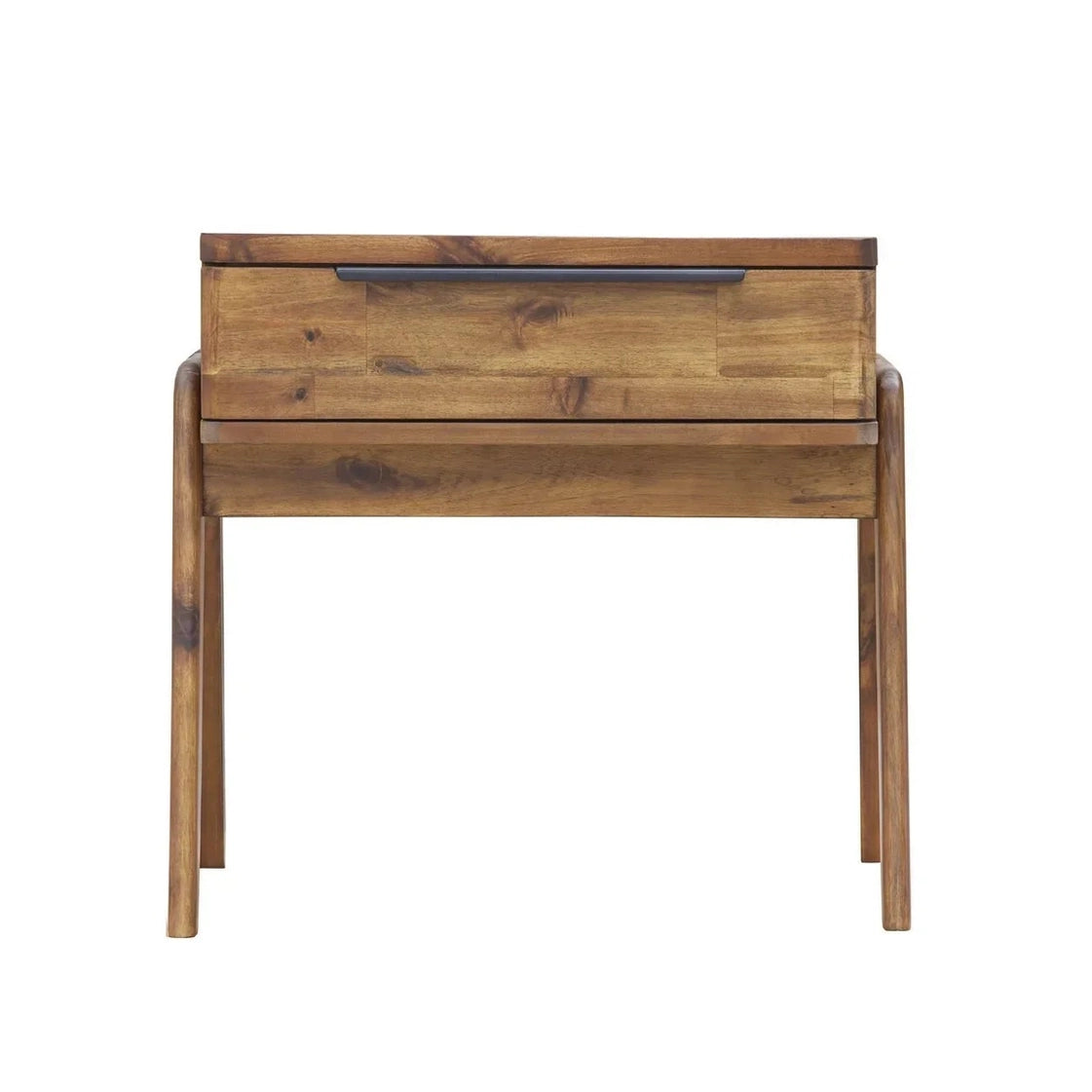 Straight-on rear view showing the finished acacia wood back and the structural support of the flared mid-century legs