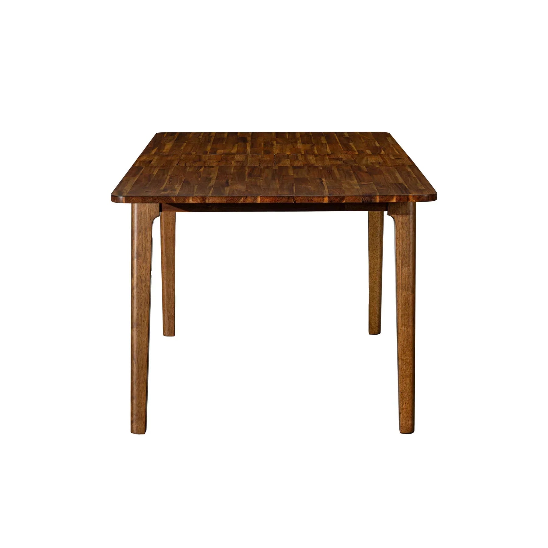 Front view of the Remix extension dining table in a light white wash finish featuring a rounded rectangular top and thick cylindrical legs