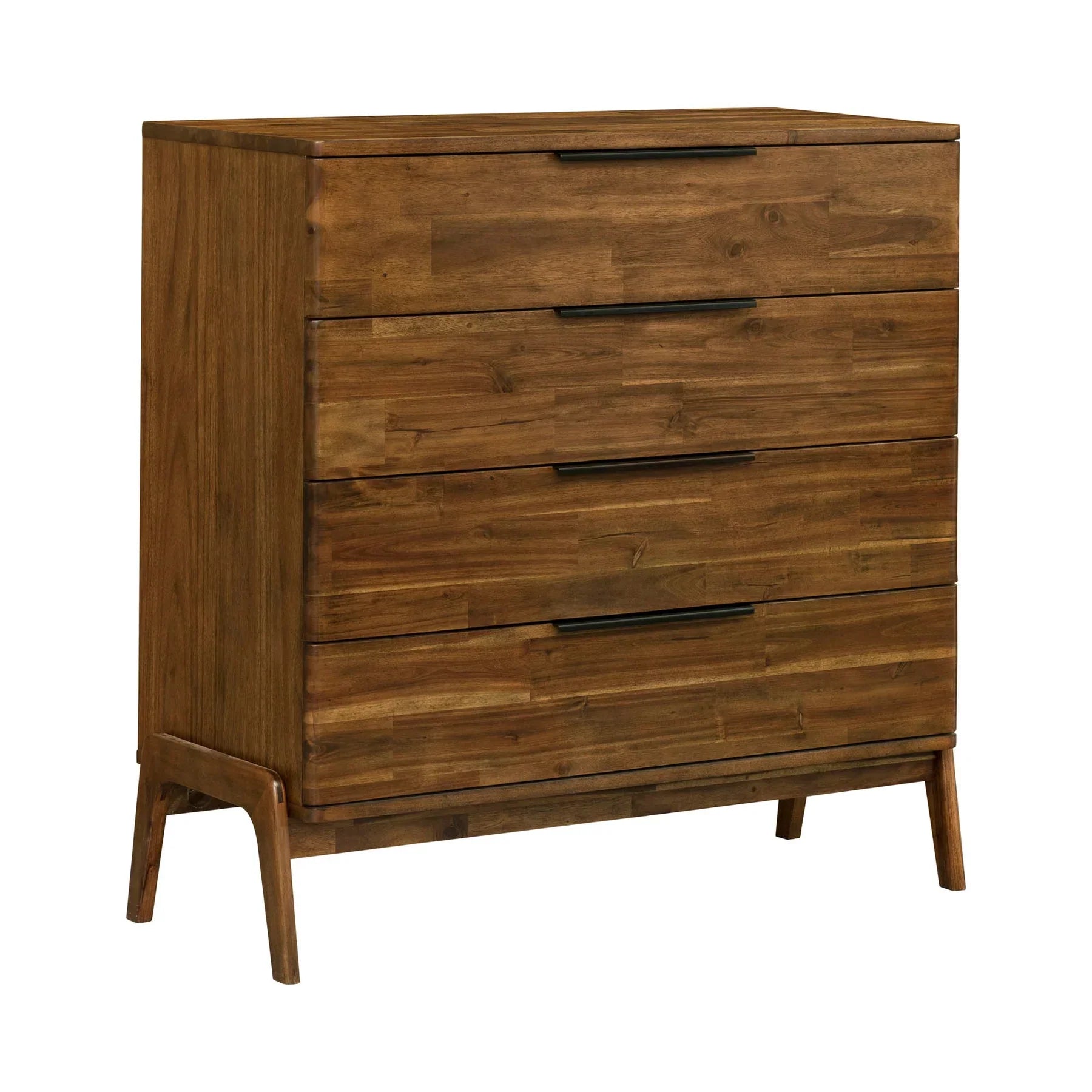 High-angle perspective view showcasing the sturdy tapered wood legs and the clean lines of the solid wood construction