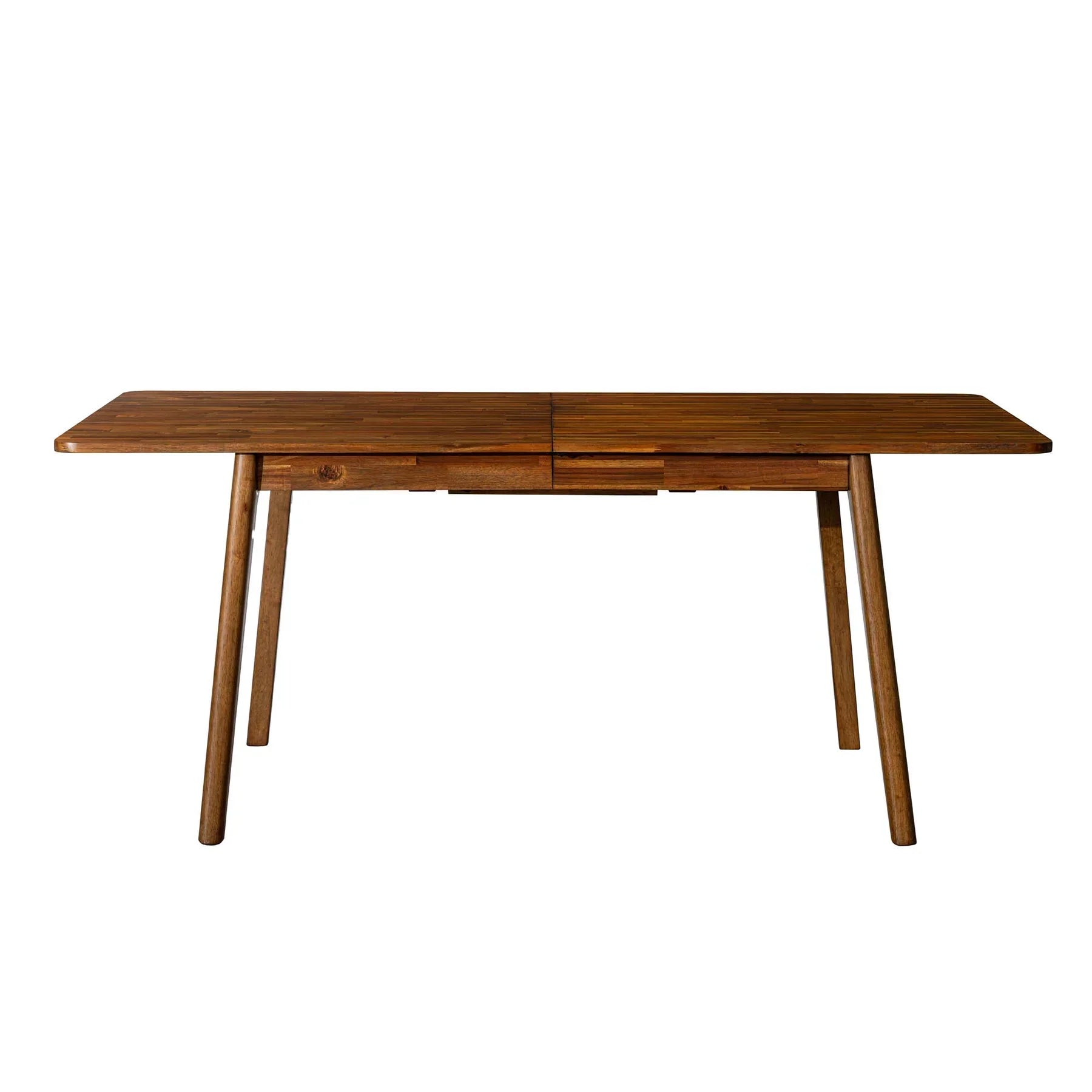 Front view of the Remix extension dining table in a light white wash finish featuring a rounded rectangular top and thick cylindrical legs