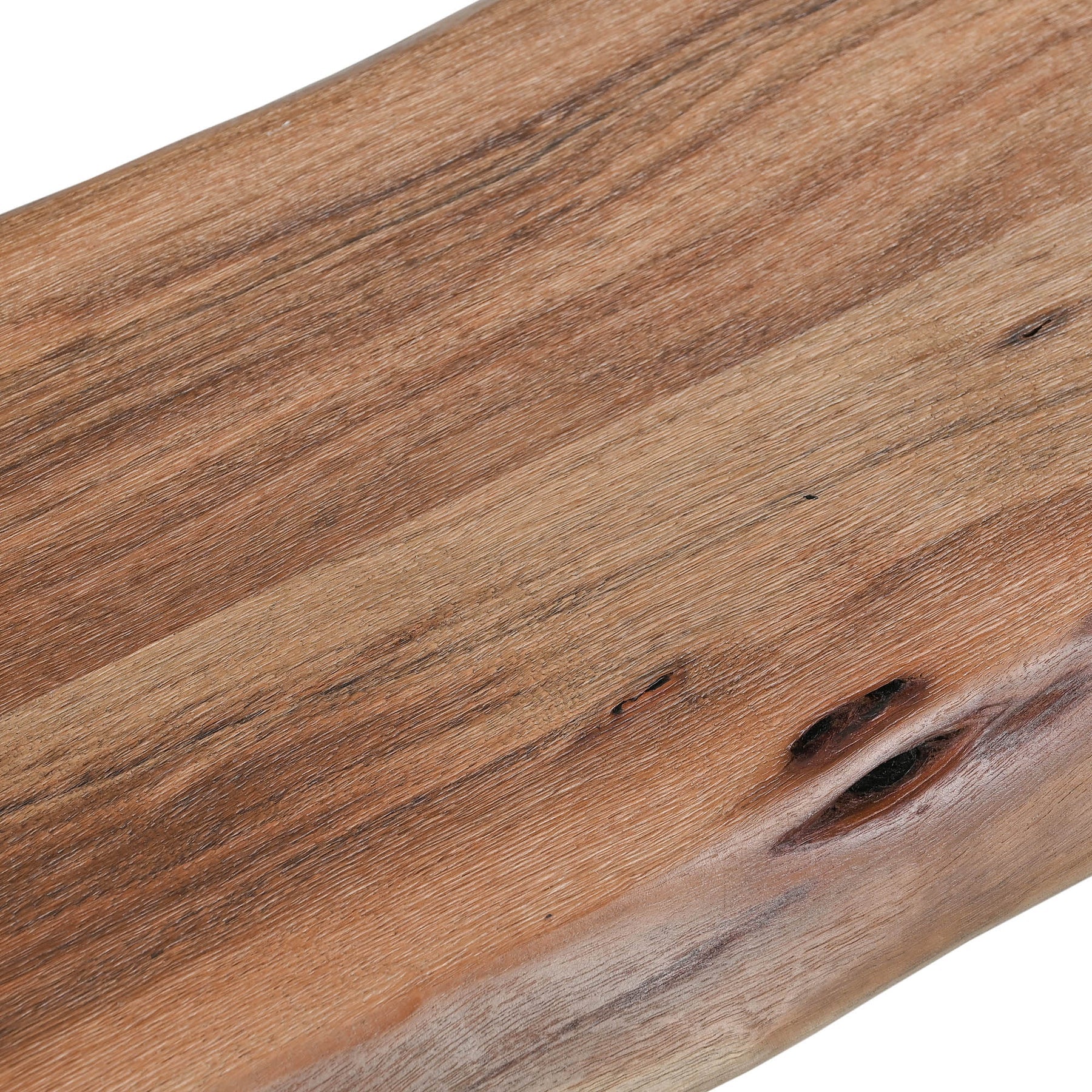 Front view of the Restore bench featuring a natural live-edge acacia wood top and black metal X-frame legs