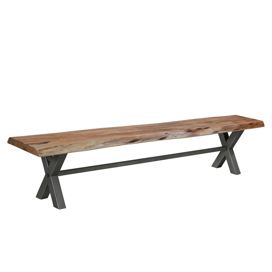 Three-quarter perspective highlighting the organic wood grain and industrial sled-style base of the Restore bench