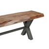 Studio shot of the Restore bench paired with a matching live-edge dining table highlighting a cohesive dining set