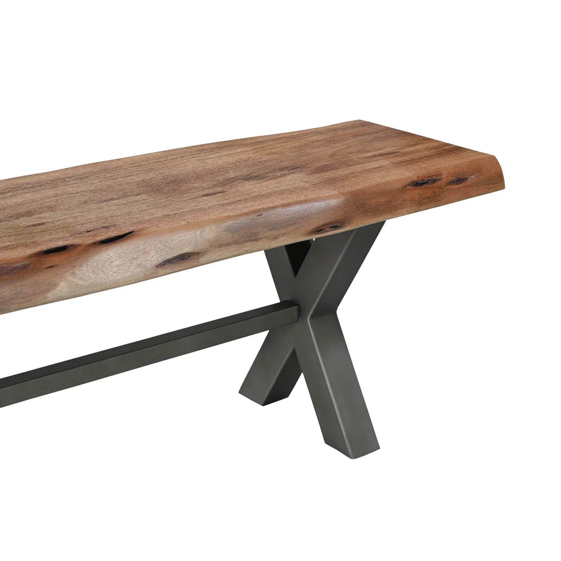 Front view of the Restore bench featuring a natural live-edge acacia wood top and black metal X-frame legs